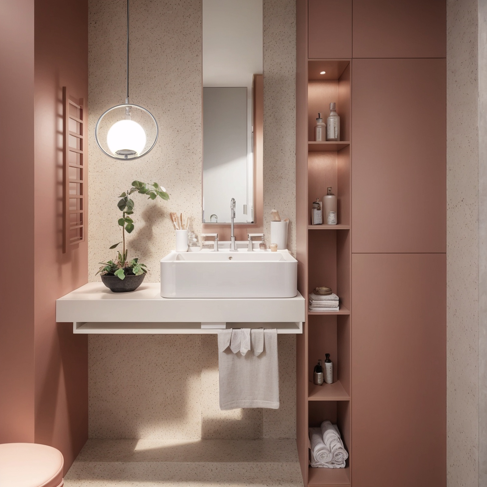 Escena de baño con lavabo, espejo, lámpara colgante, almacenamiento y planta decorativa.