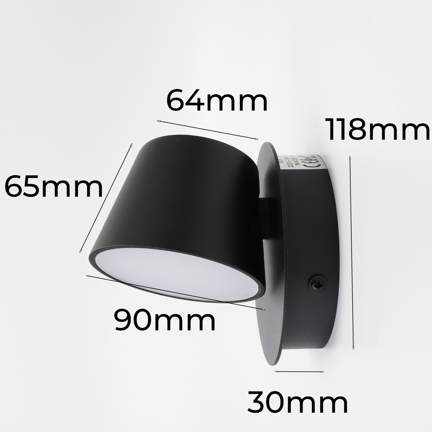 Dibujo técnico de una lámpara de pared negra con dimensiones etiquetadas en milímetros sobre un fondo blanco.