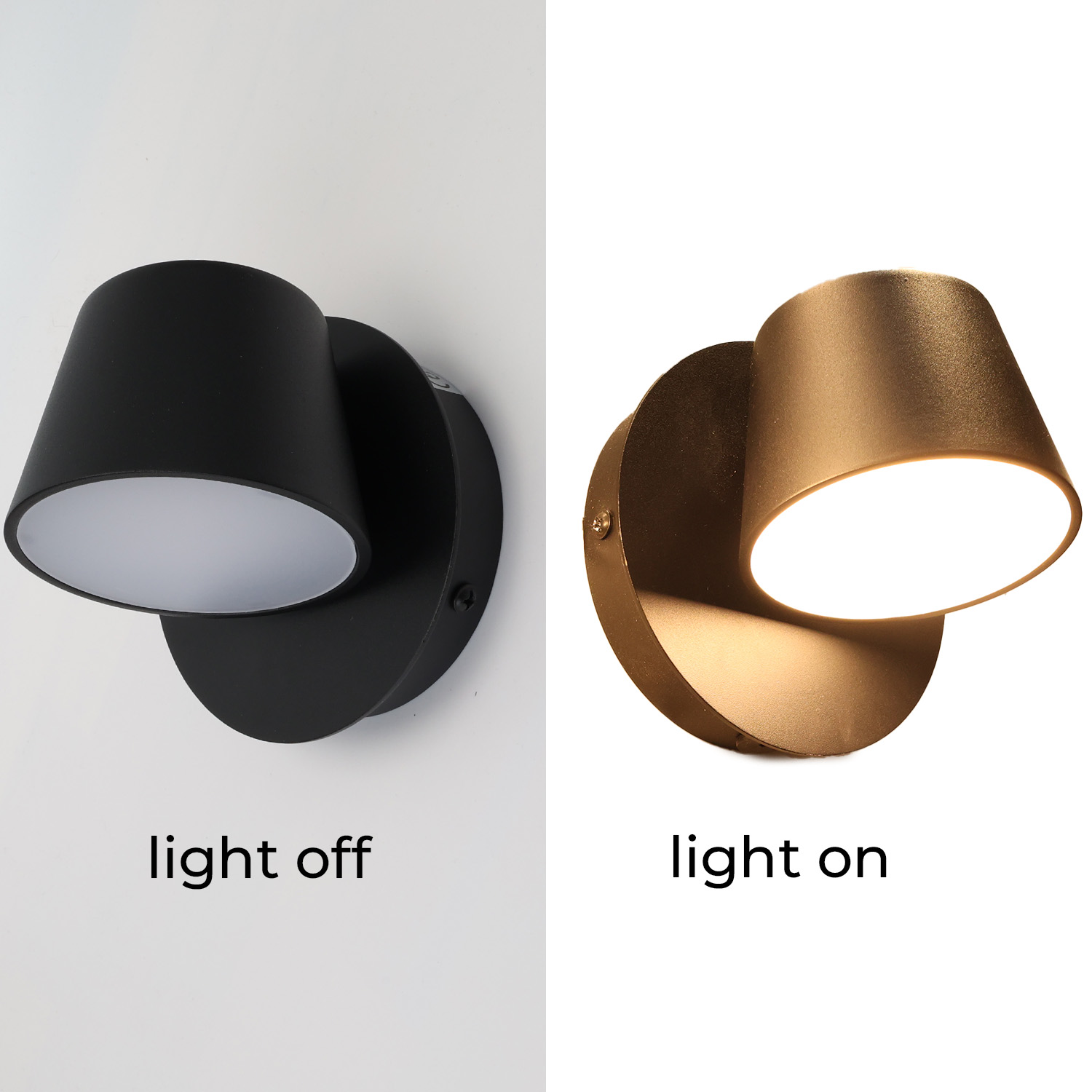 Imagen que muestra una lámpara de pared negra con la luz apagada y una de bronce con la luz encendida.