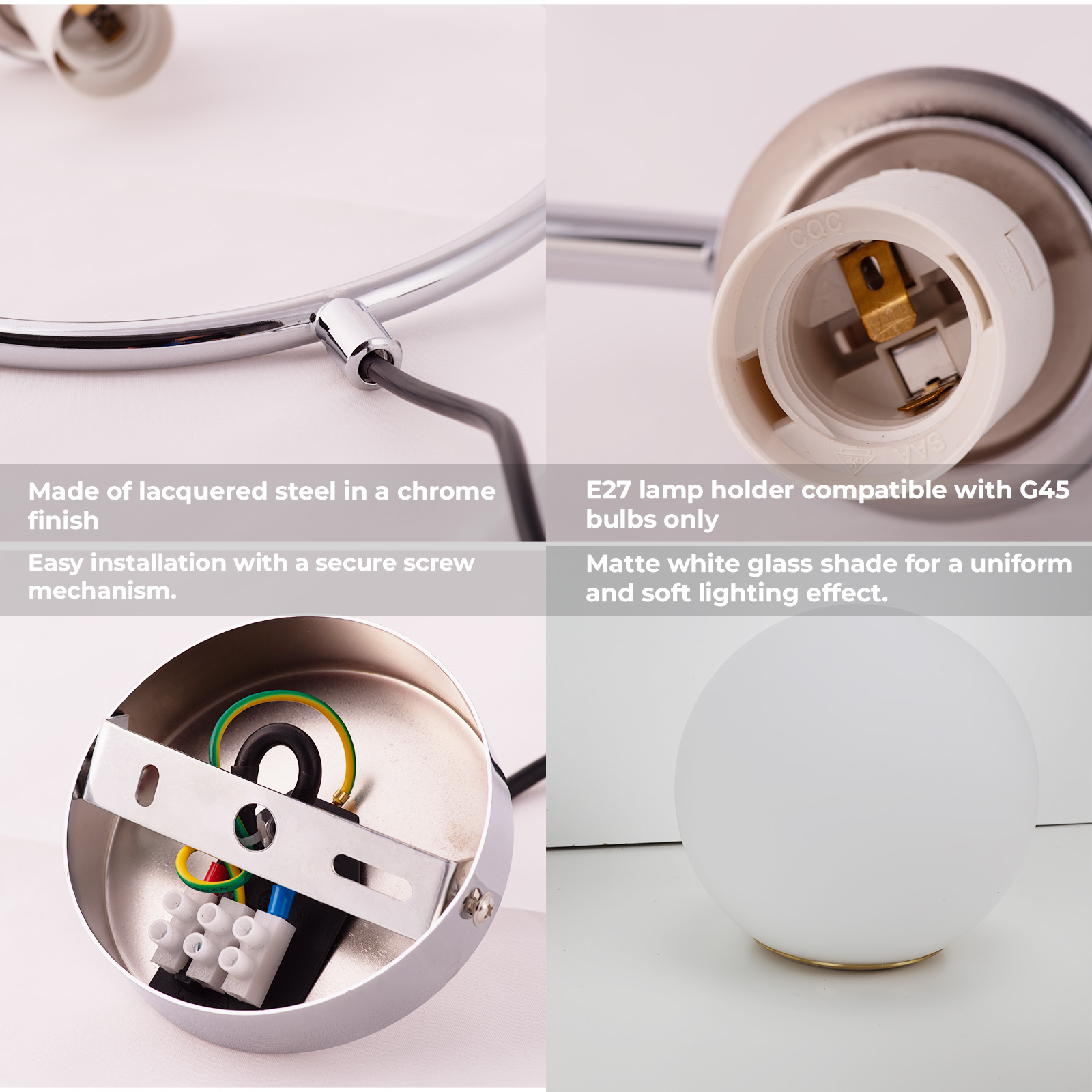 Un collage muestra los componentes de una lámpara de techo cromada, incluyendo el portalámparas y el cableado.