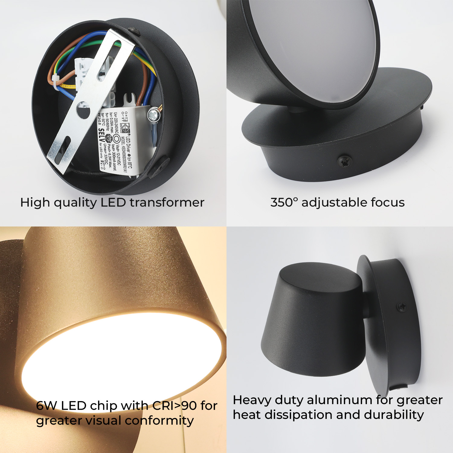 Un collage muestra varios componentes de una lámpara de pared LED negra, incluyendo el transformador y el enfoque ajustable.