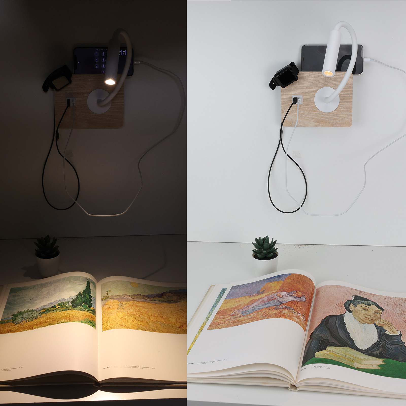 Dos imágenes muestran una lámpara de pared junto a un libro abierto, destacando el diseño y la iluminación de la lámpara.