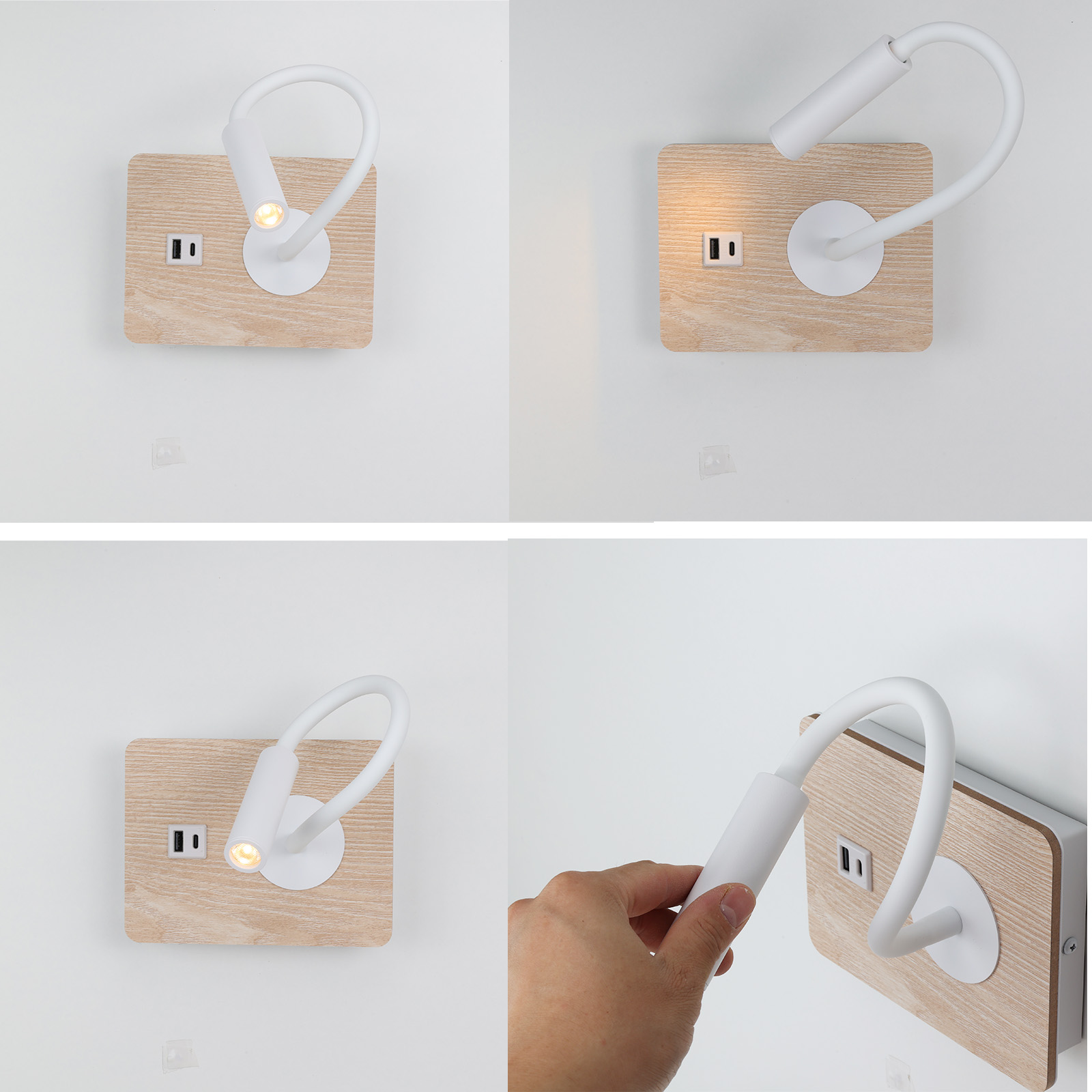 Un collage muestra una lámpara LED flexible montada sobre una base de madera, destacando su diseño ajustable y puertos USB.