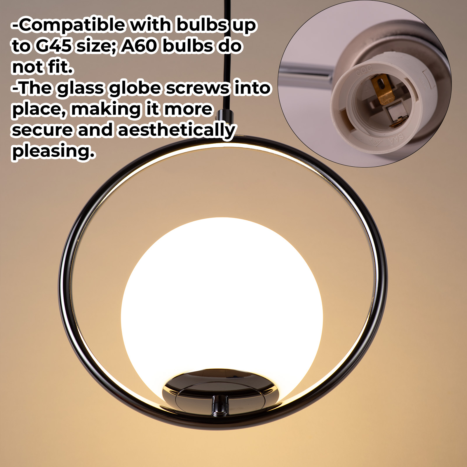 Una lámpara colgante circular con un globo blanco cuelga, mostrando su compatibilidad con bombillas y su diseño seguro de globo de vidrio.