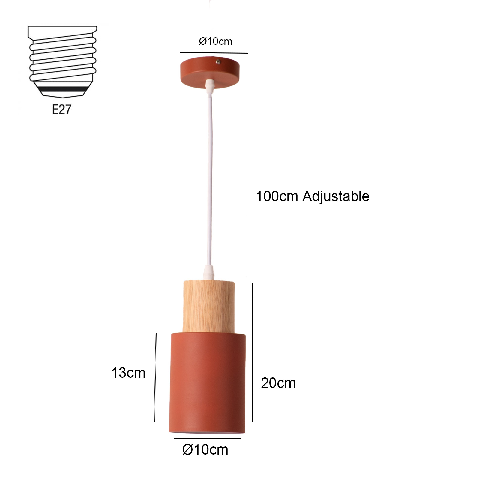 Un diagrama muestra las dimensiones de una lámpara colgante, incluyendo su cable ajustable y el portalámparas E27.