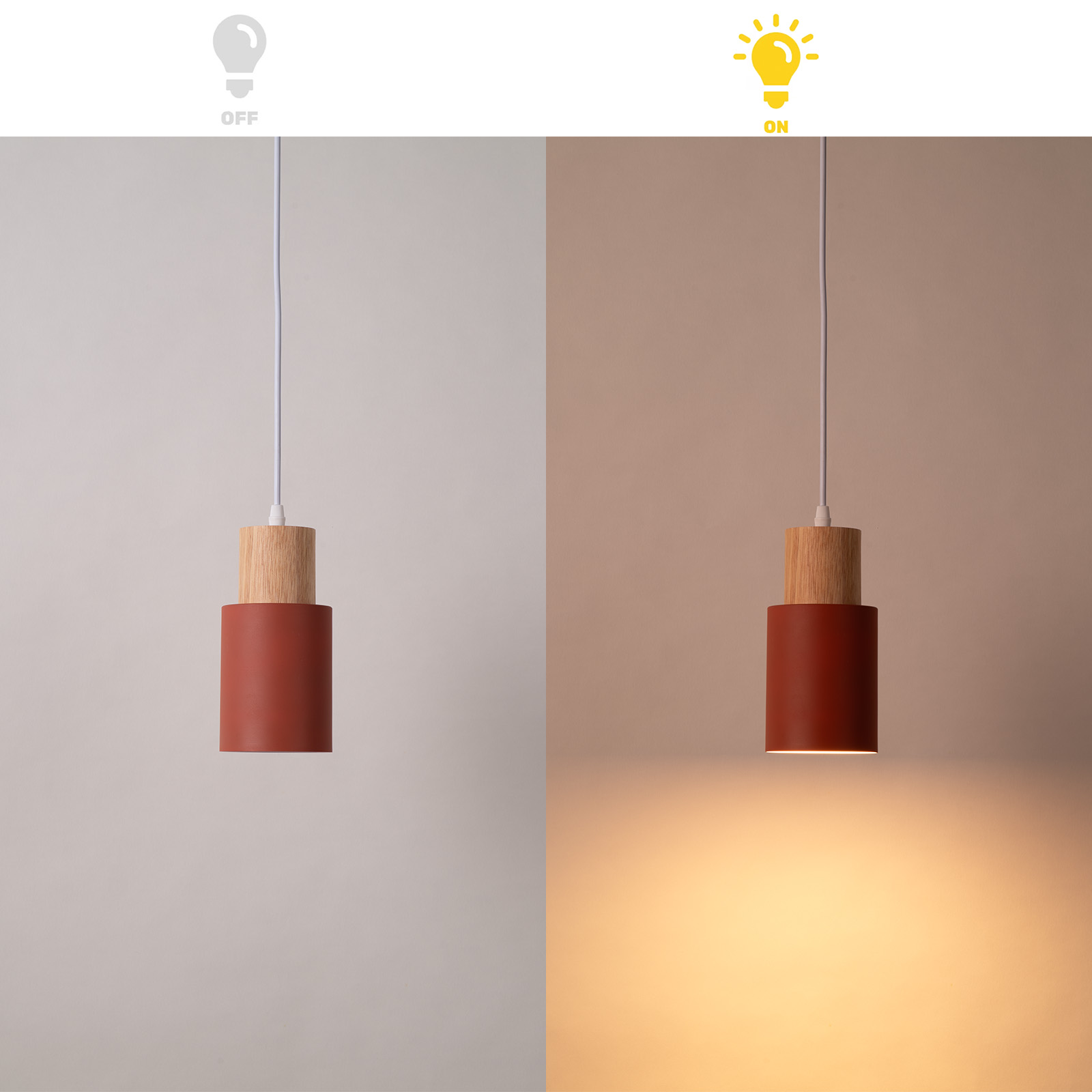 Dos imágenes muestran una lámpara colgante con una parte superior de madera y una parte inferior cilíndrica roja, iluminada y sin iluminar.