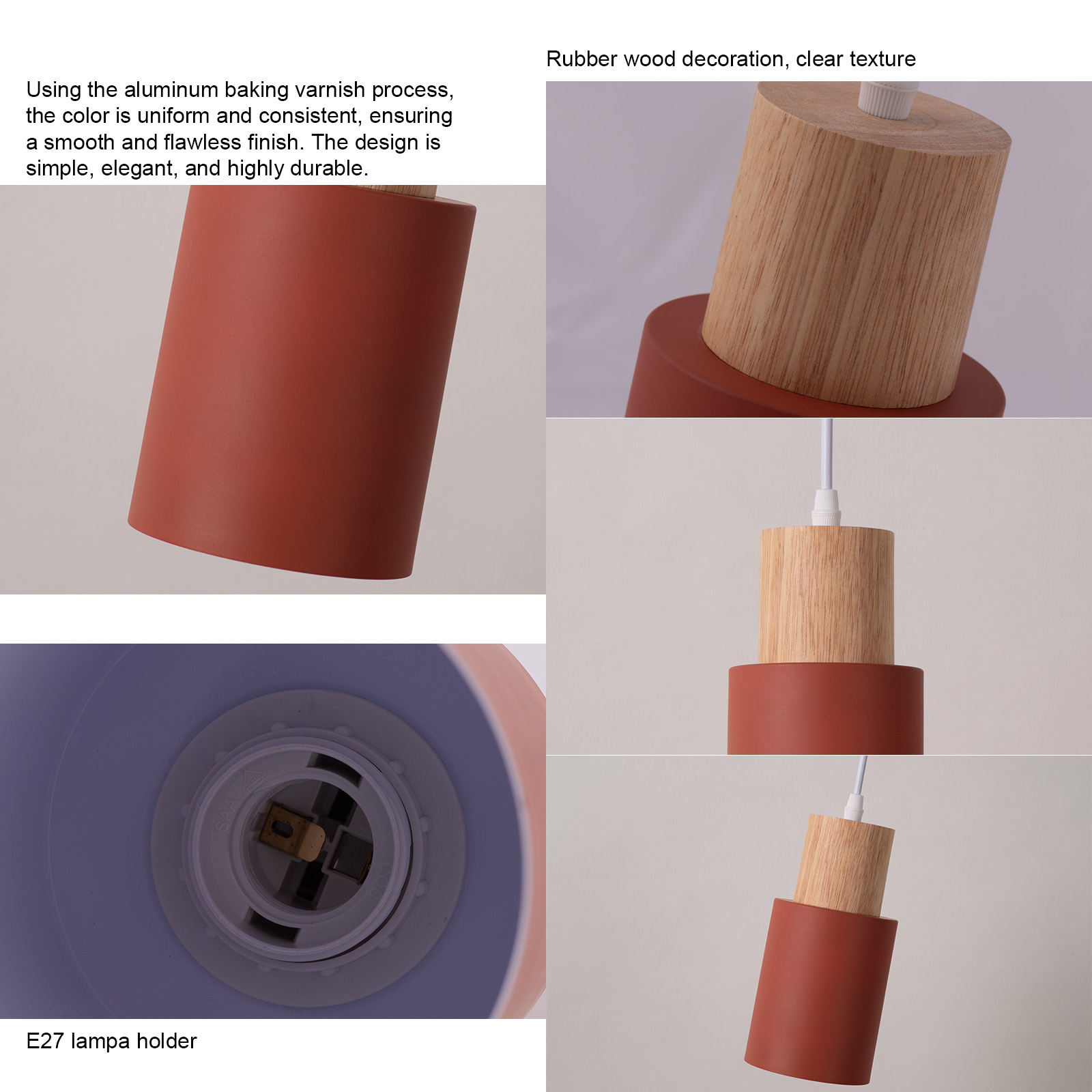 Collage que muestra el acabado de aluminio, la textura de madera de caucho y los detalles del portalámparas E27 de una lámpara colgante.