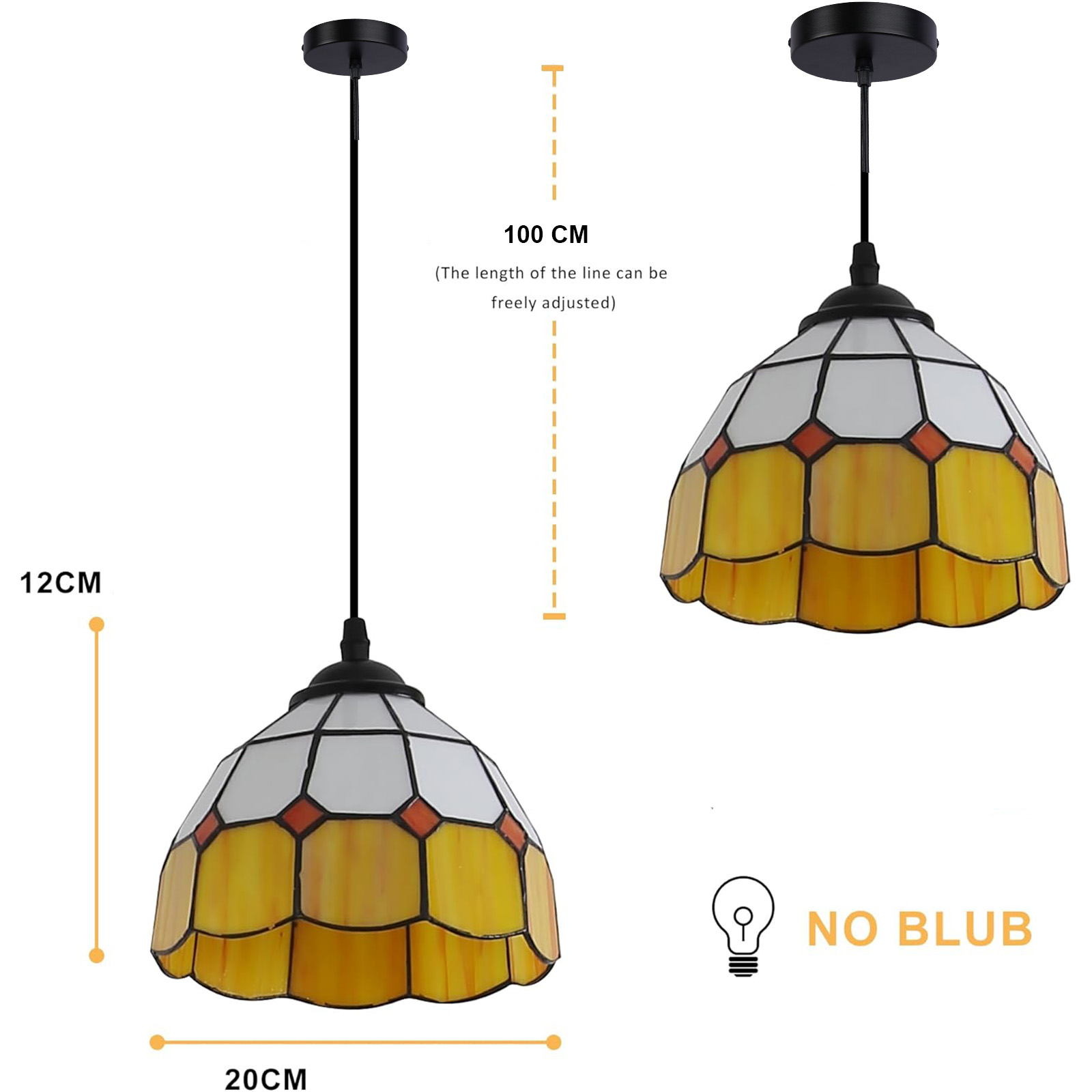 Se muestran dos lámparas colgantes de vidriera con dimensiones de 12 cm x 20 cm y una línea ajustable de 100 cm.