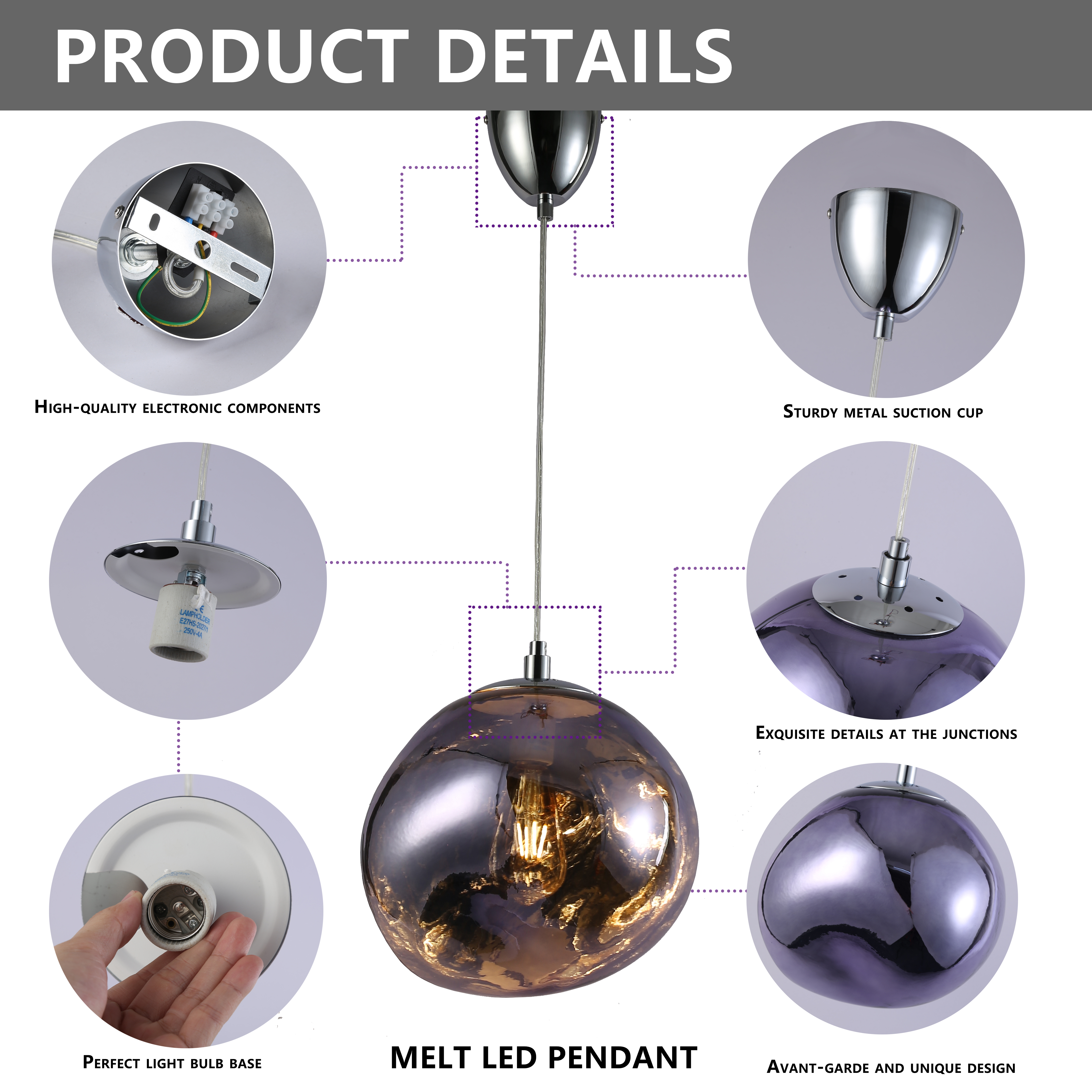 Una imagen de detalles del producto destaca las características de una lámpara colgante LED Melt.