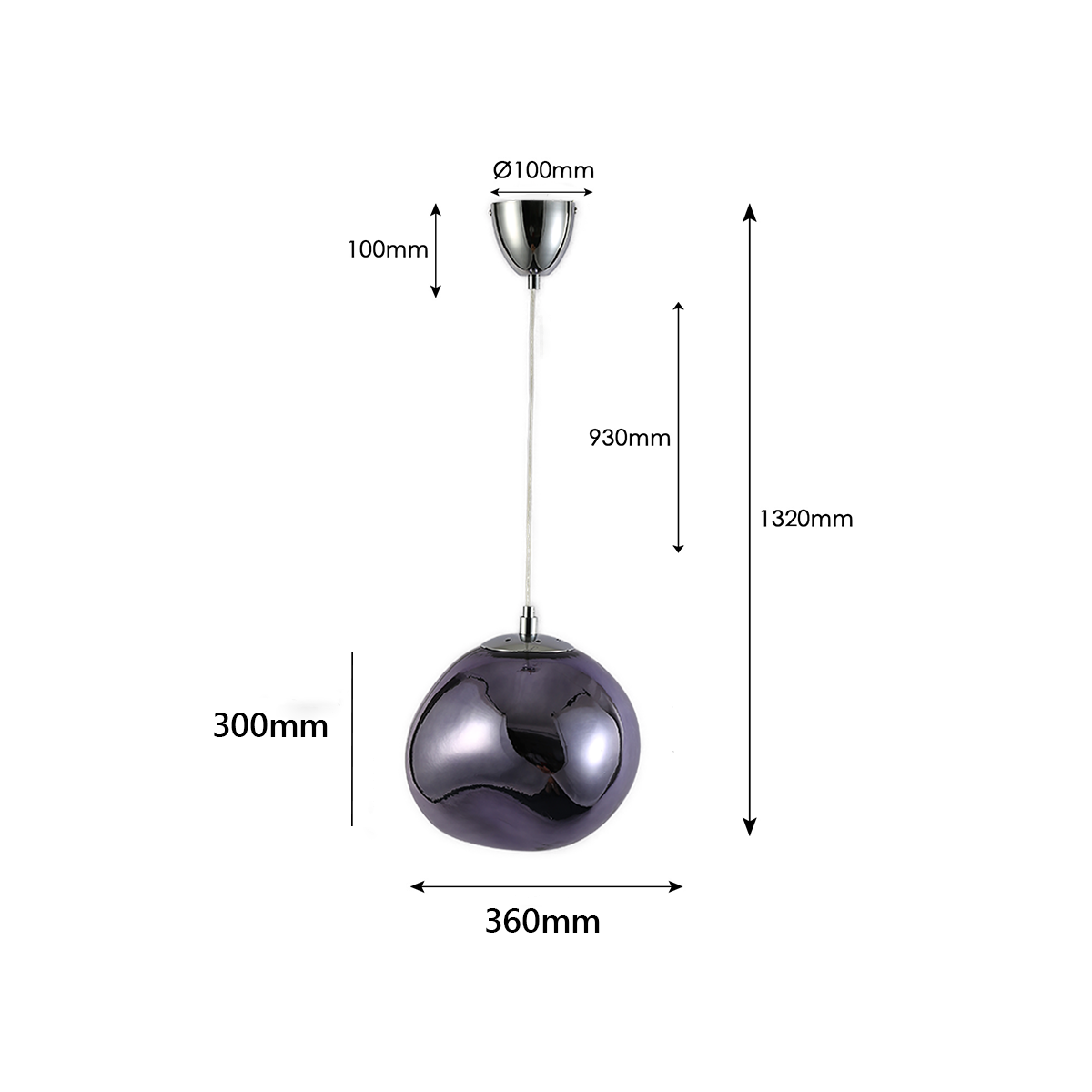 Una lámpara colgante con una pantalla bulbosa de color púrpura oscuro. Se indican las dimensiones. Cuelga de un accesorio cromado.