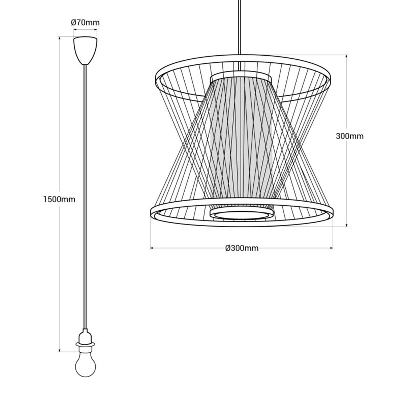 Un diagrama de una lámpara colgante. Incluye una pantalla de lámpara de estructura metálica, bombilla y dimensiones en milímetros.