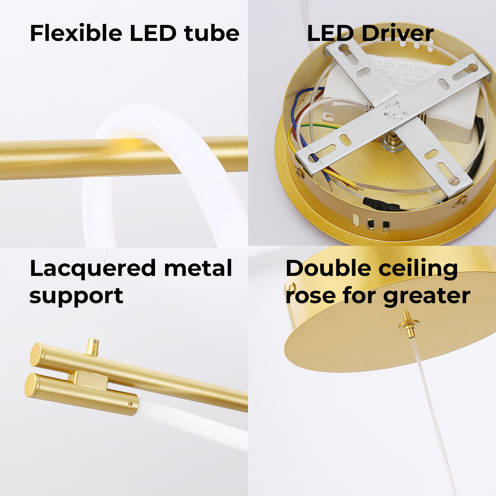 Primer plano de una lámpara de techo moderna, que muestra el tubo LED flexible y las piezas.