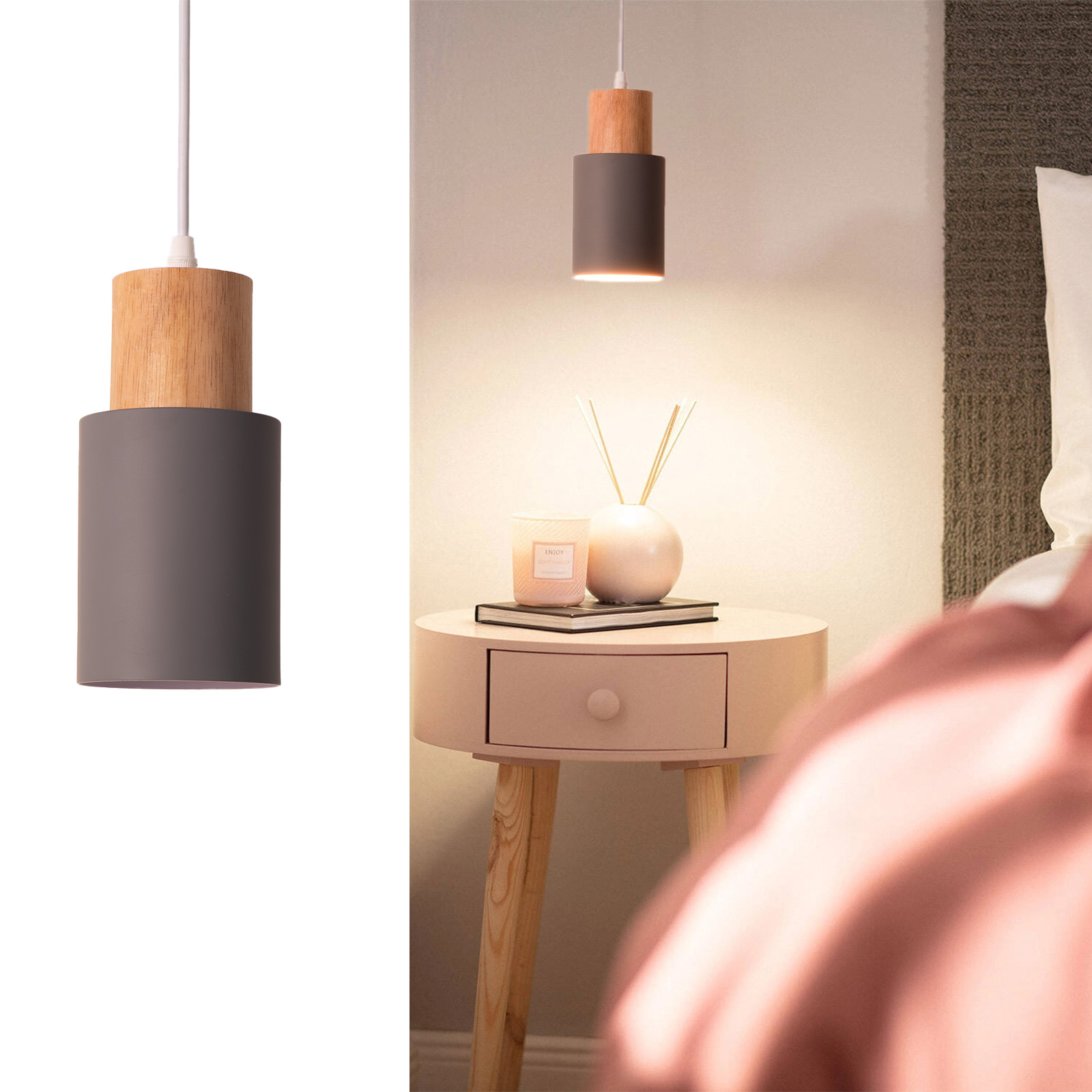 Lámpara colgante gris y de madera sobre una mesita de noche con decoración.