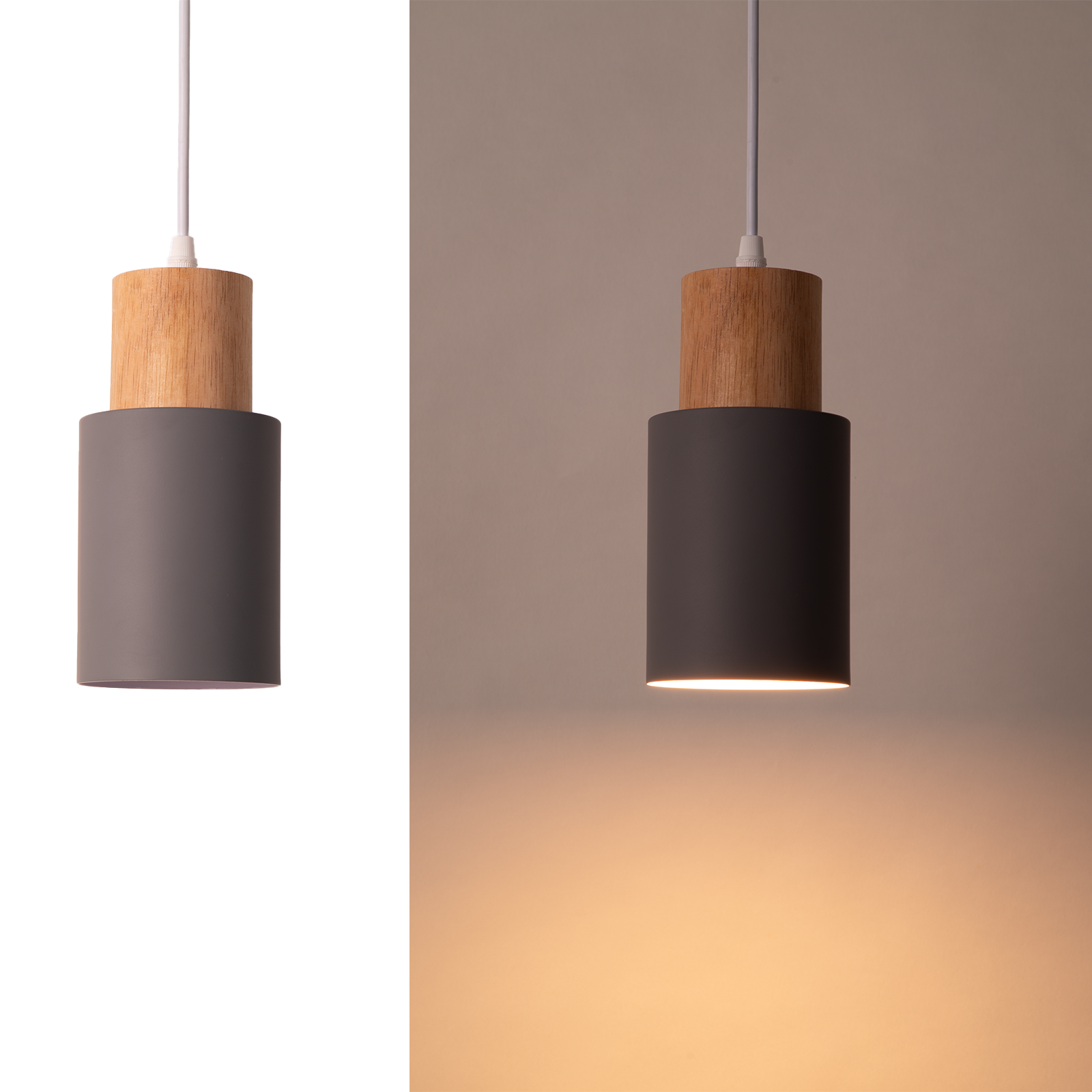 Lámpara colgante gris y de madera, encendida y apagada, sobre diferentes fondos.