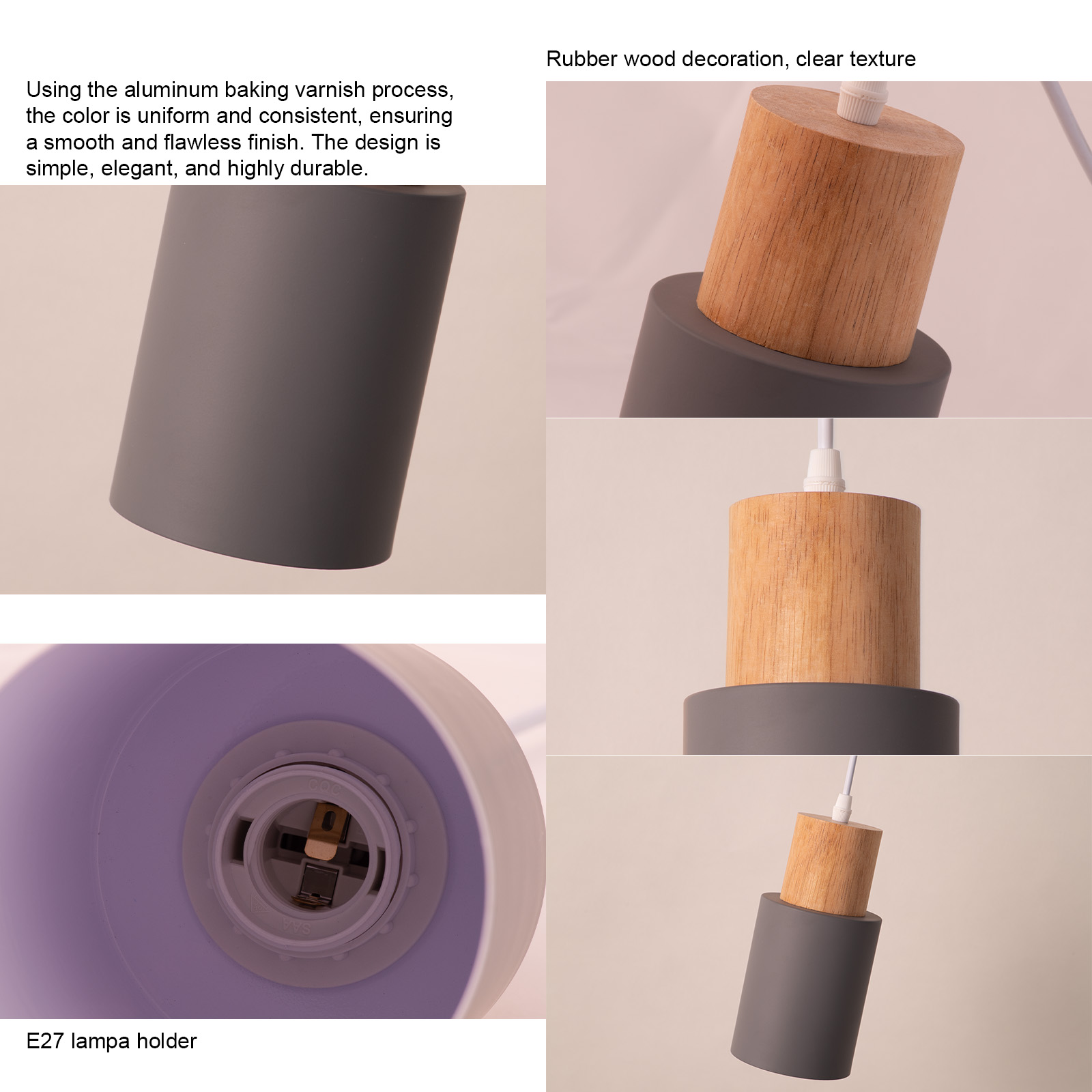 Primeros planos detallados muestran la construcción y las características de una lámpara colgante gris y de madera.