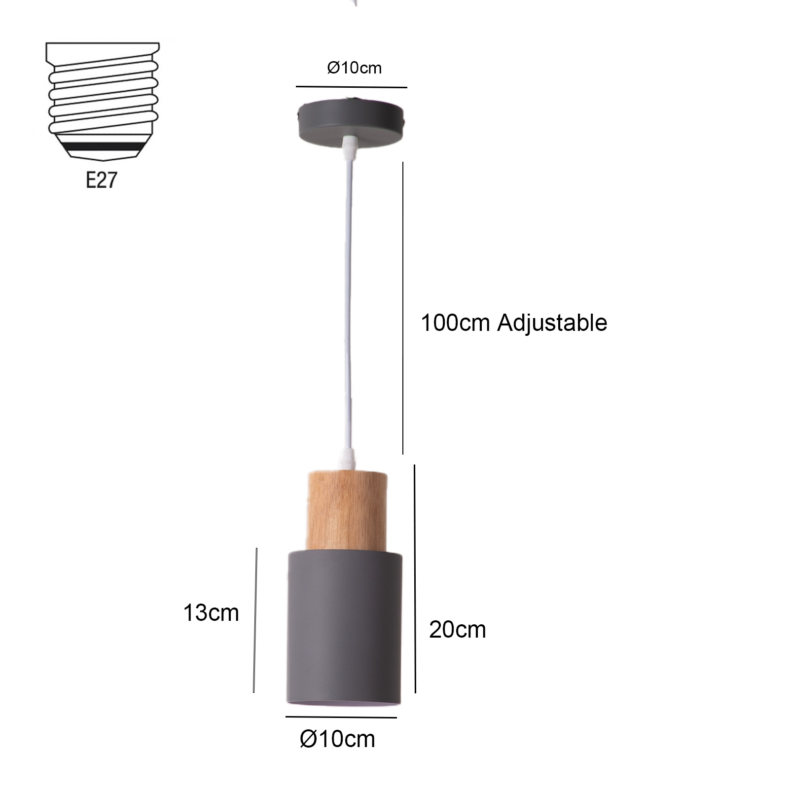 Un diagrama muestra las dimensiones de una lámpara colgante gris y de madera.