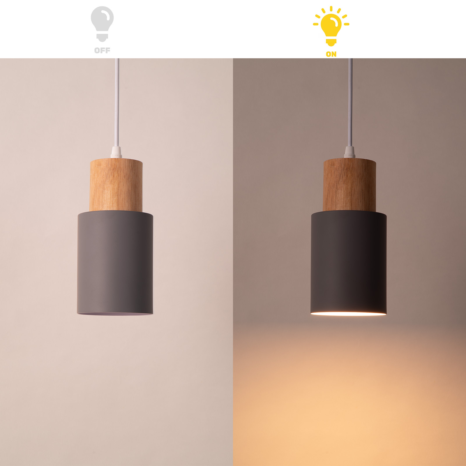 Se muestra una lámpara colgante gris y de madera tanto encendida como apagada.
