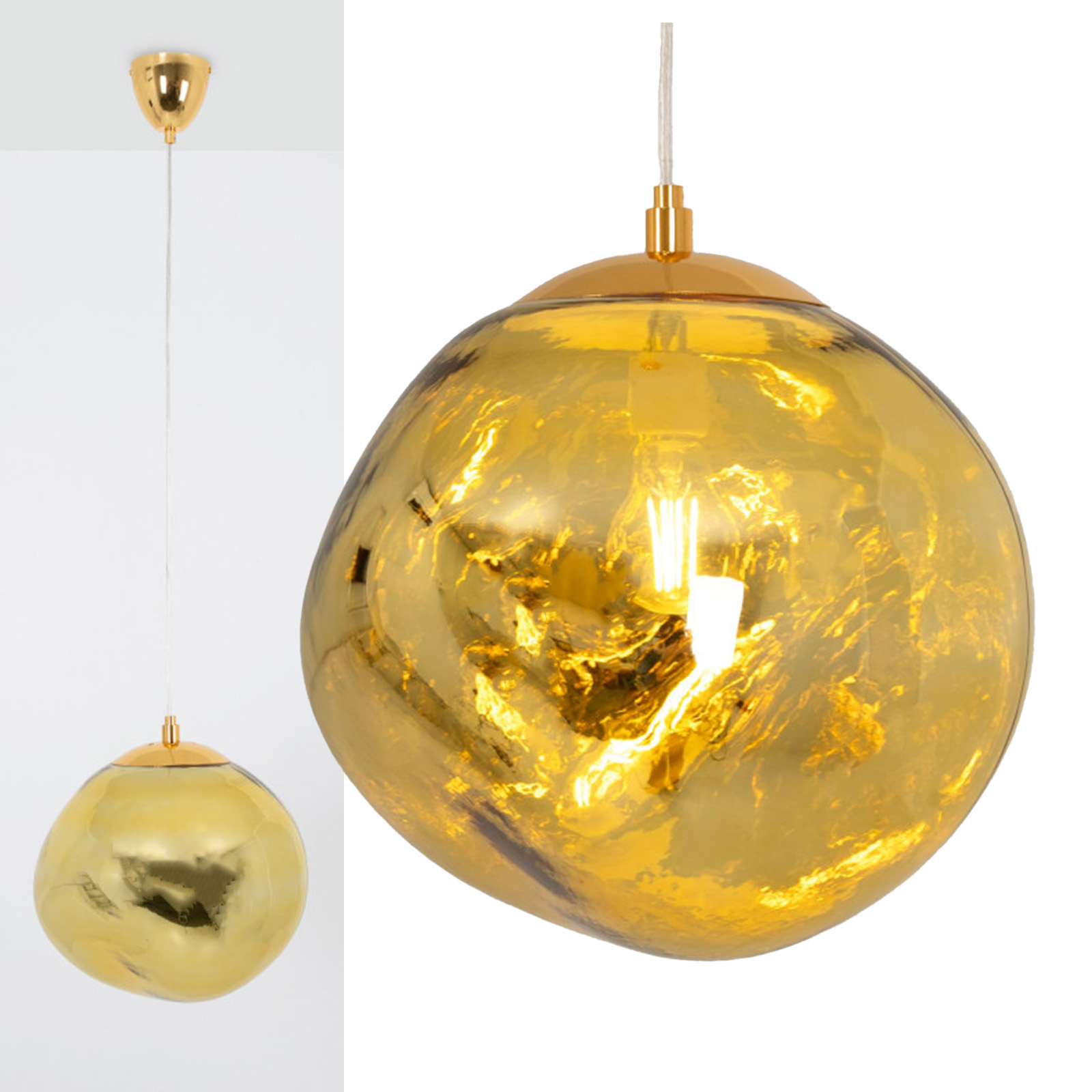 Una lámpara colgante de vidrio dorado cuelga, su superficie texturizada atrapa la luz, con una segunda lámpara a la izquierda.