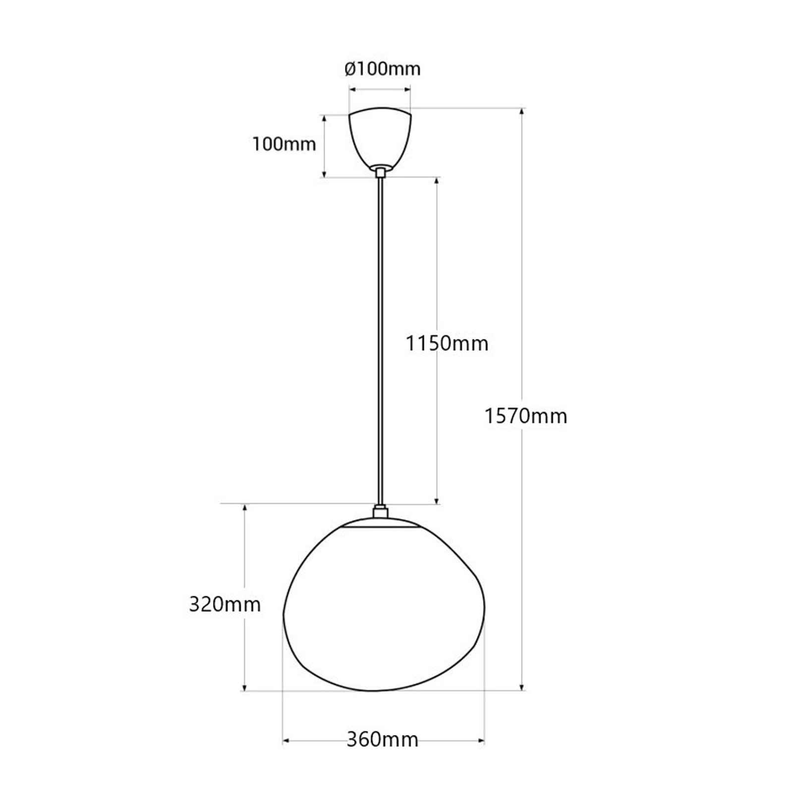 Dibujo técnico de una lámpara colgante que muestra las dimensiones, con una pantalla esférica y un cable colgante.