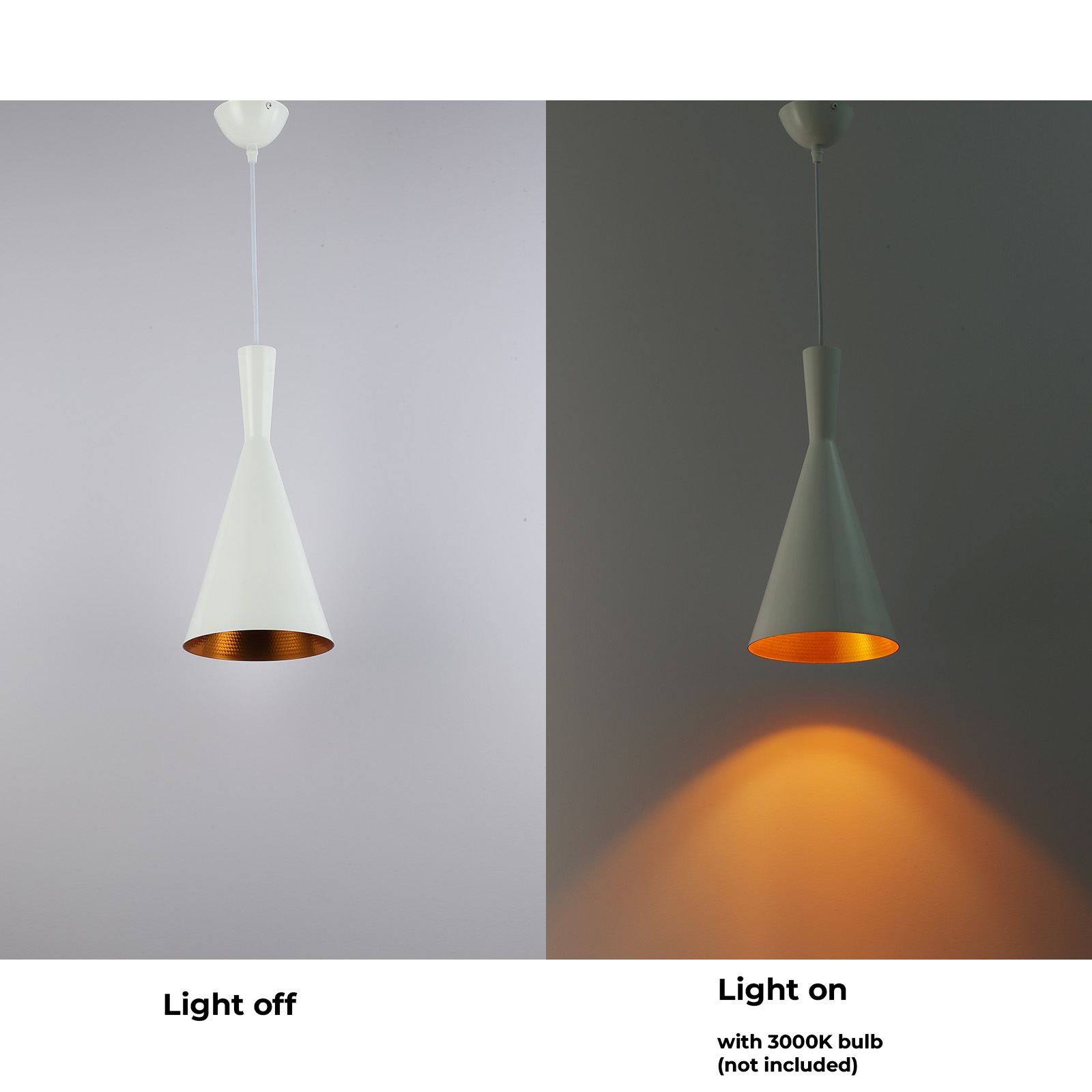 Dos imágenes muestran una lámpara colgante blanca, una con la luz apagada y otra con la luz encendida.