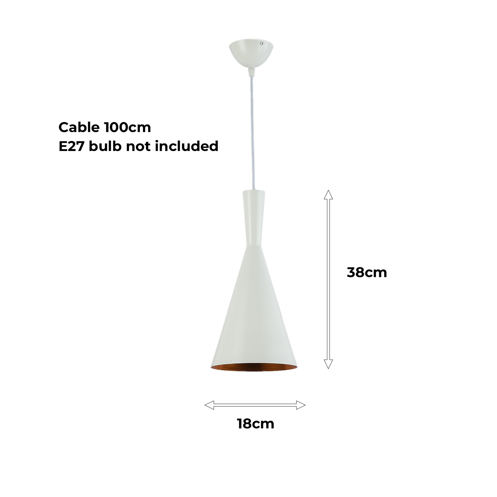Una lámpara colgante blanca cuelga con dimensiones; cable de 100 cm, bombilla E27 no incluida, altura de 38 cm y ancho de 18 cm.