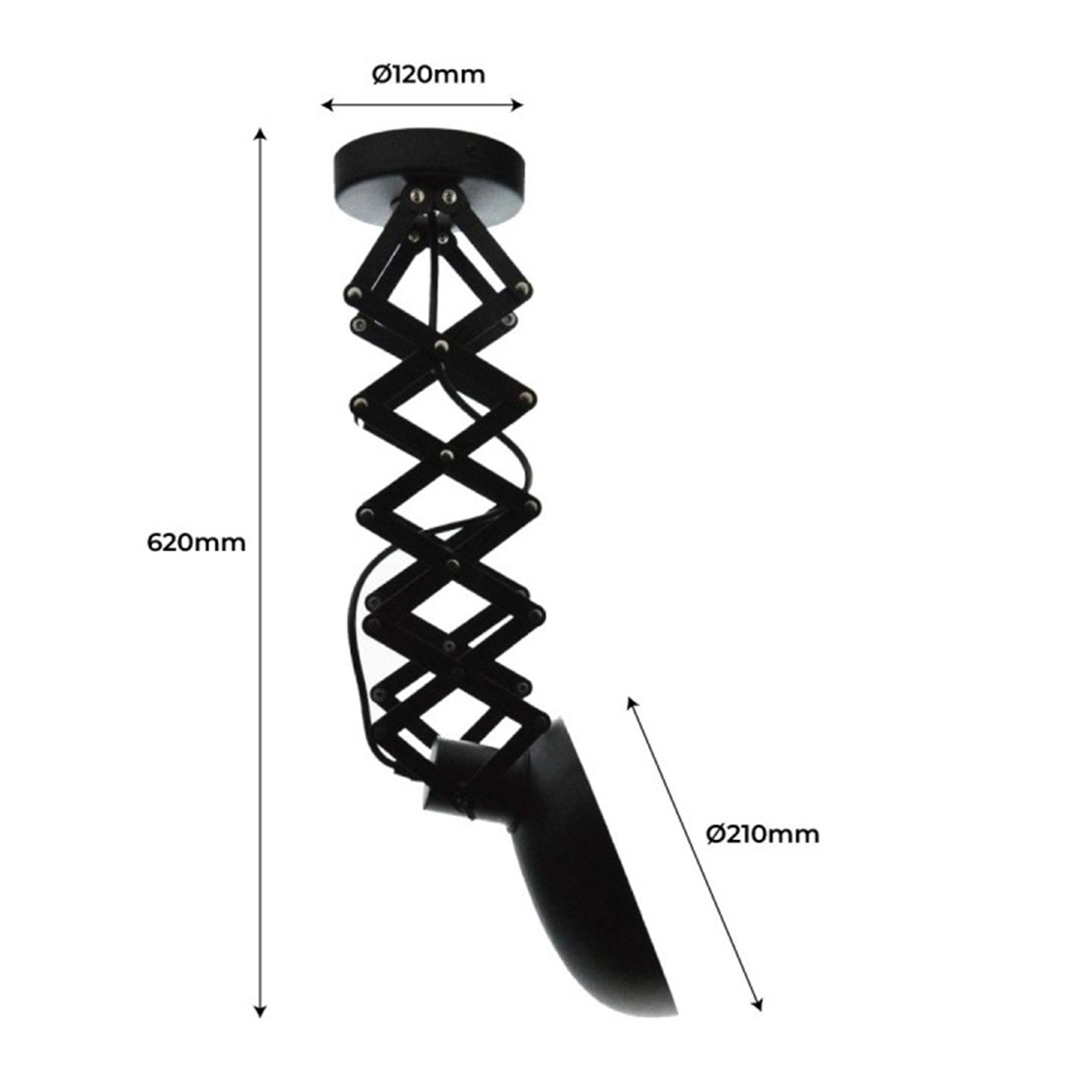 Una lámpara de brazo de acordeón negra con dimensiones, que muestra la longitud y el diámetro sobre un fondo blanco.