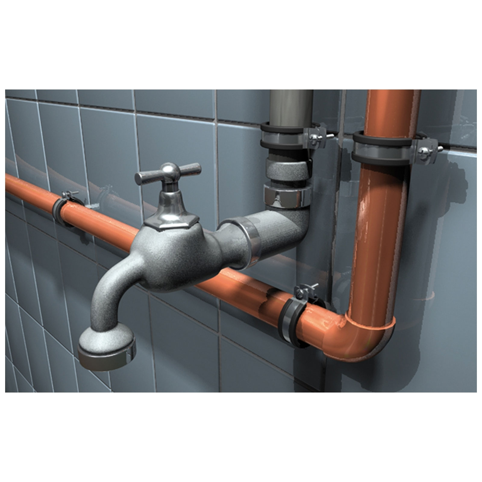Ein Wasserhahn und Rohre vor einer gefliesten Wand. Der Wasserhahn ist metallisch, die Rohre kupferfarben und geklemmt.