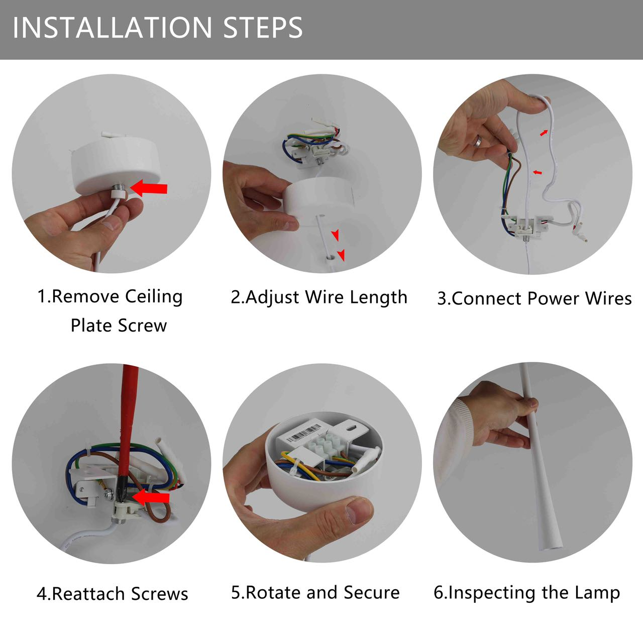 Seis imágenes muestran los pasos para instalar una luz de techo, incluyendo el cableado y la fijación de la lámpara.