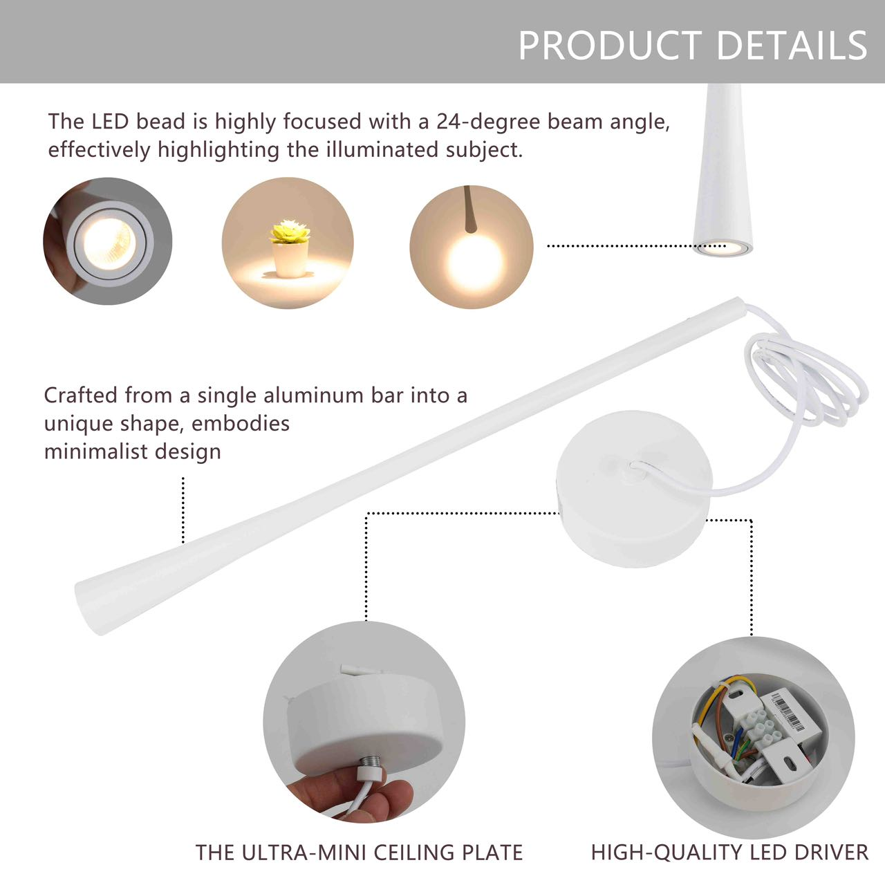 Detalles del producto de una lámpara colgante, incluyendo la perla LED, el diseño de la barra de aluminio y la placa del techo.