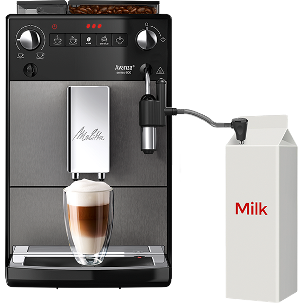 Espressomaschine, die einen geschichteten Latte in ein Glas ausgibt, mit einem Milchkarton in der Nähe.