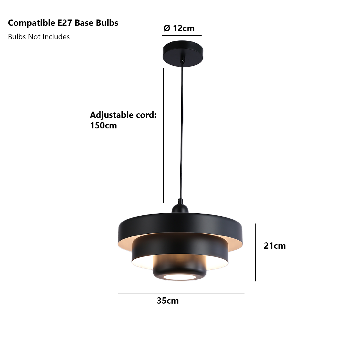 Lámpara colgante negra con dimensiones y etiquetas de texto: cable ajustable, diámetro 12 cm, 35 cm y 21 cm.