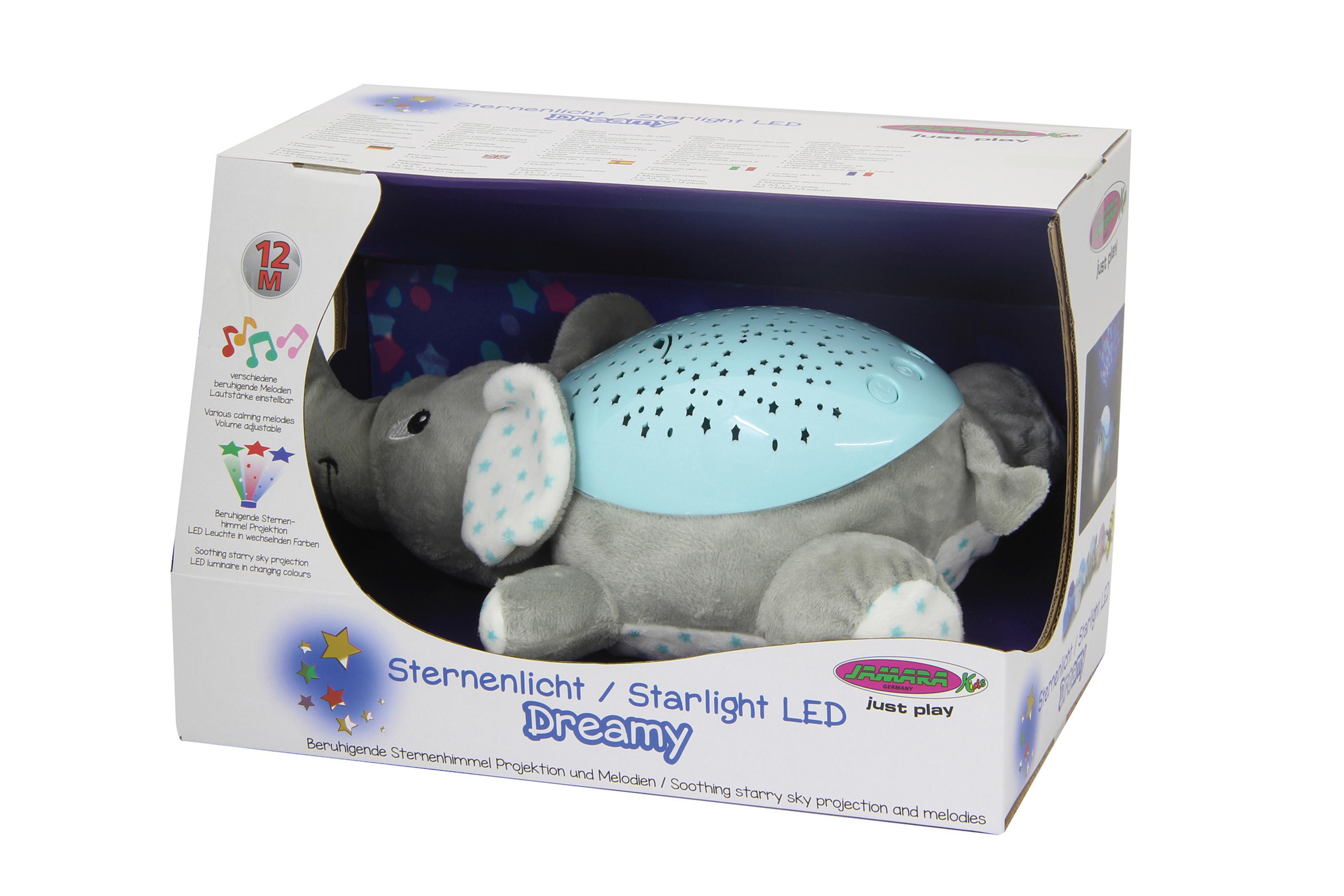 Ein Babynachtlicht in einer Box. Es hat die Form eines grauen Elefanten mit einem blauen Sternenprojektor auf dem Rücken.