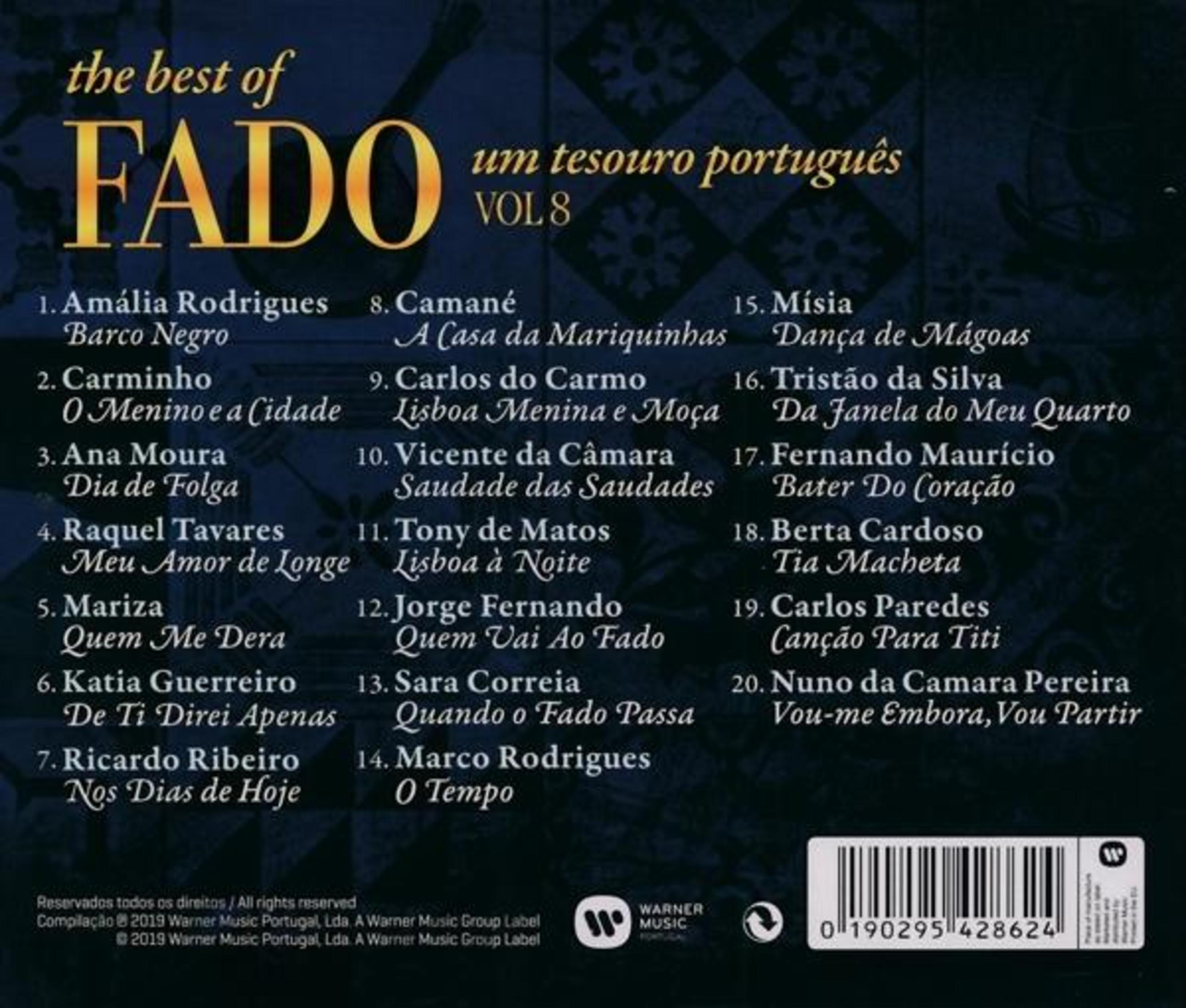 Rückseite von "The Best of Fado, Vol. 8" mit Titelliste und Labelinformationen auf blauem floralem Hintergrund.