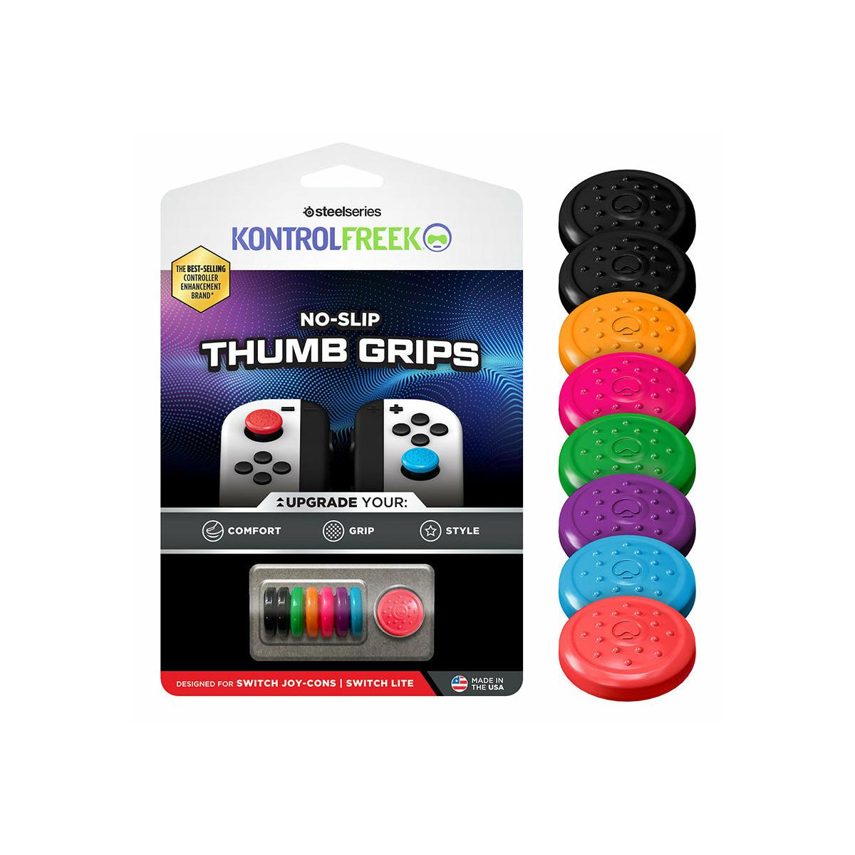 Eine Packung mit farbenfrohen Daumengriffen für Gaming-Controller, die Komfort und Stil verbessern.