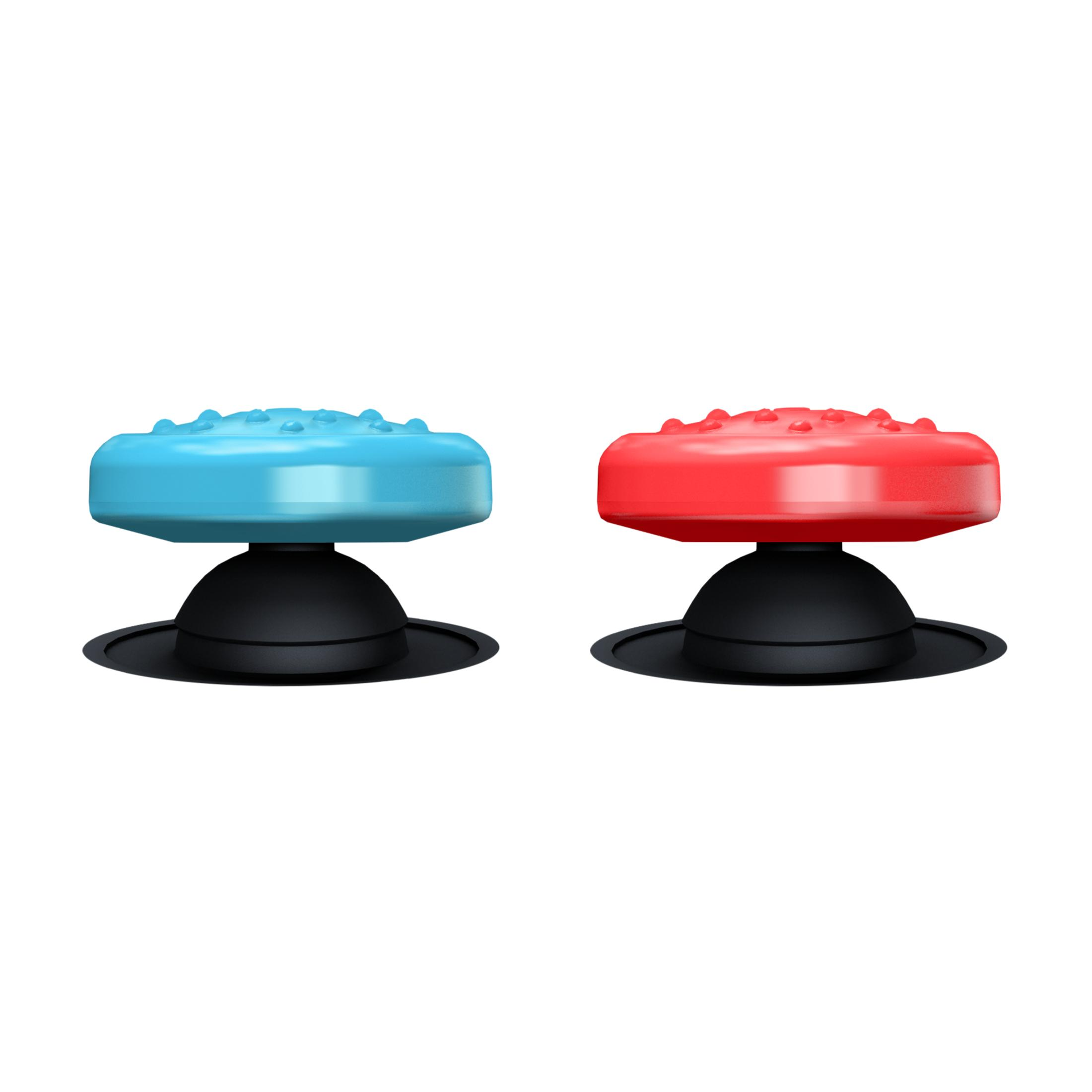 Ein Paar blaue und rote Daumengriffe für einen Gamecontroller auf einem weißen Hintergrund.
