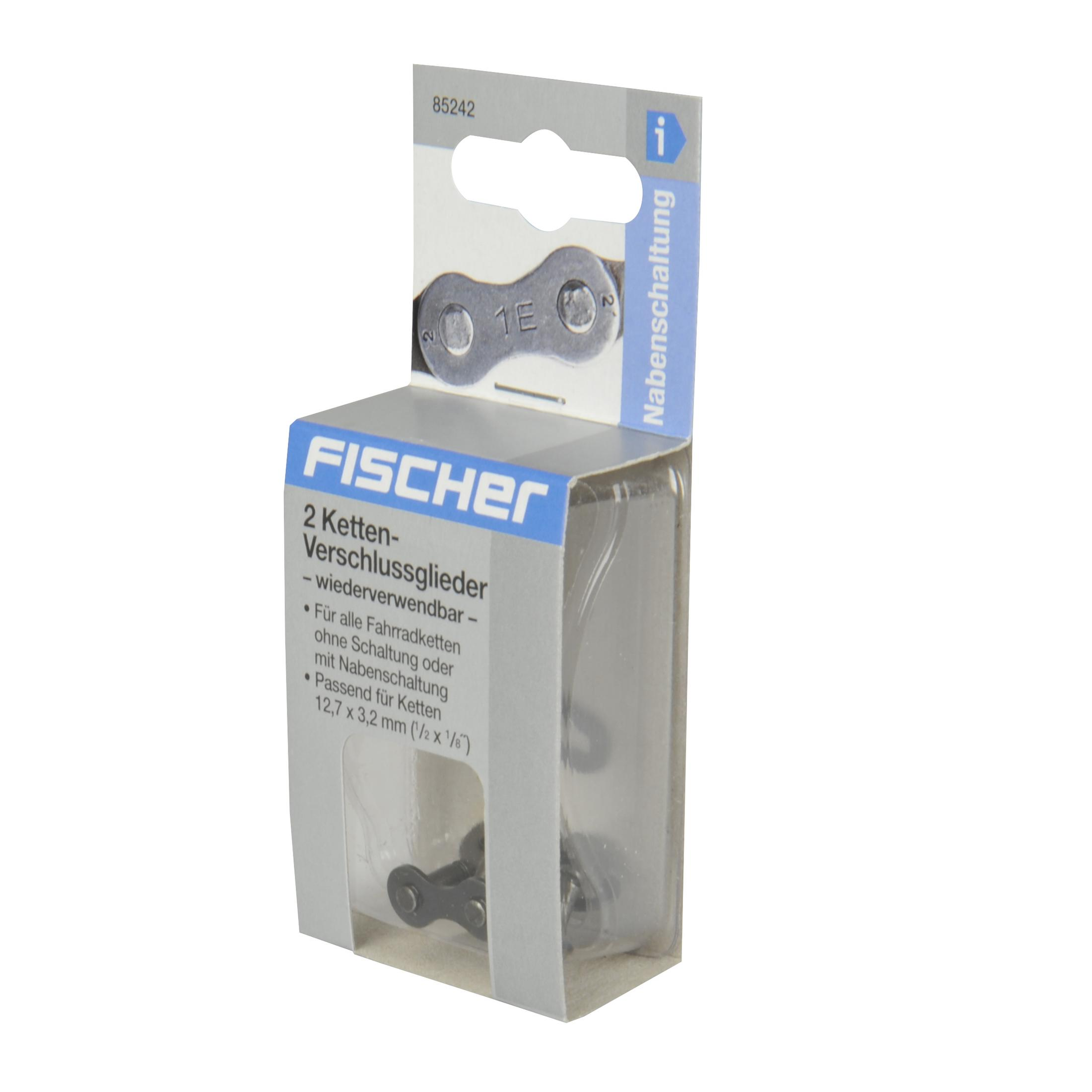 Ein Fahrradketten-Reparaturset von Fischer in seiner Verpackung, das Kettenglieder und Verbinder zeigt.