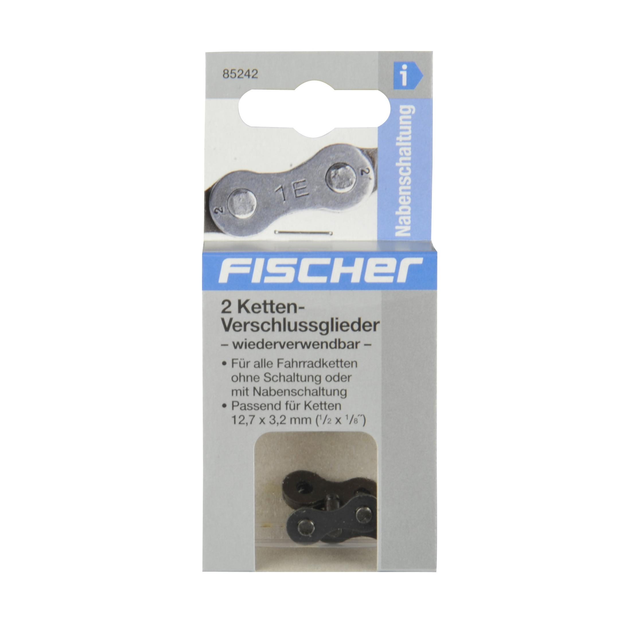 Eine Nahaufnahme eines Fischer Fahrradketten-Reparatursets in seiner Verpackung, mit sichtbarem Text und Kettengliedern.