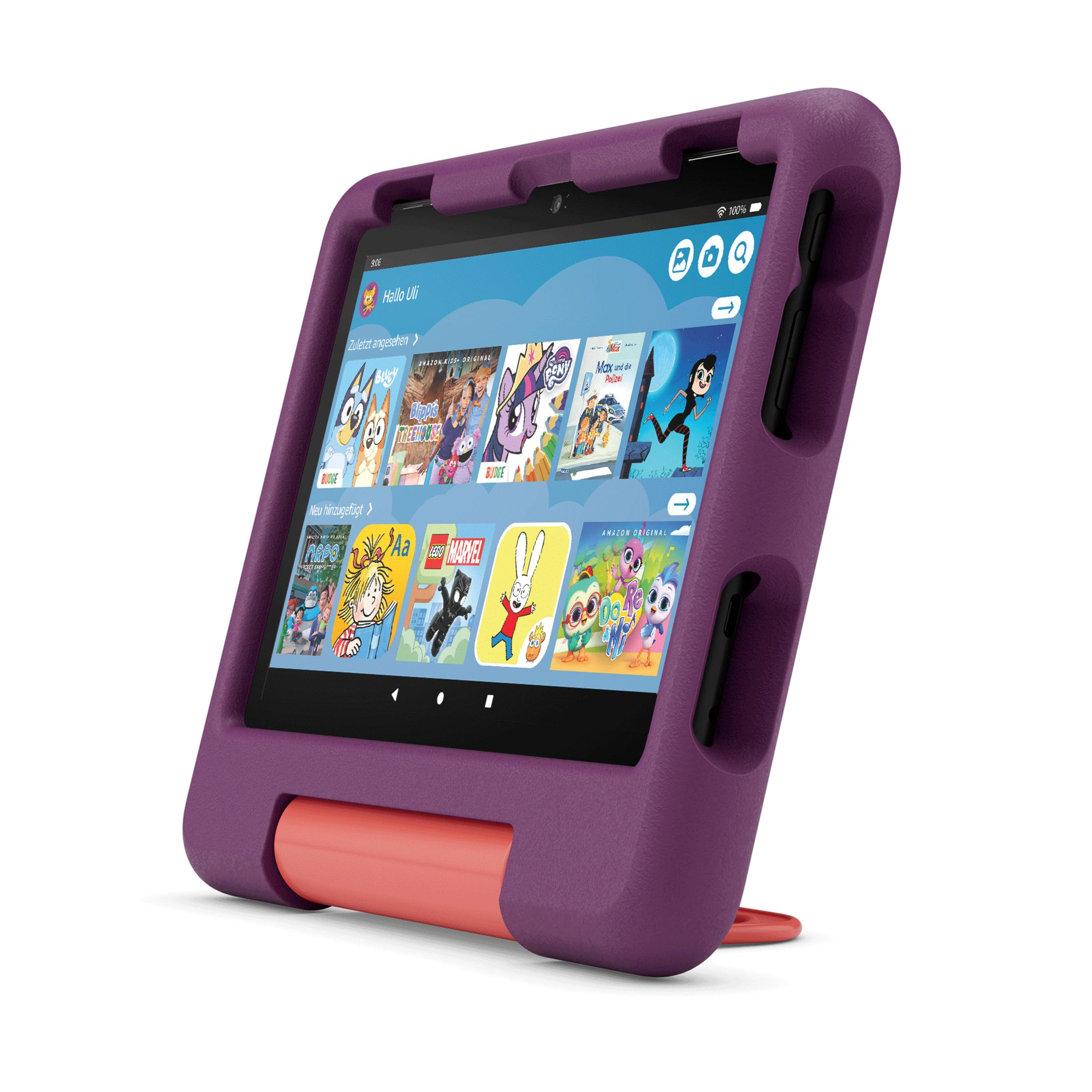 Un tablet viola con un supporto arancione mostra uno schermo con icone di app.