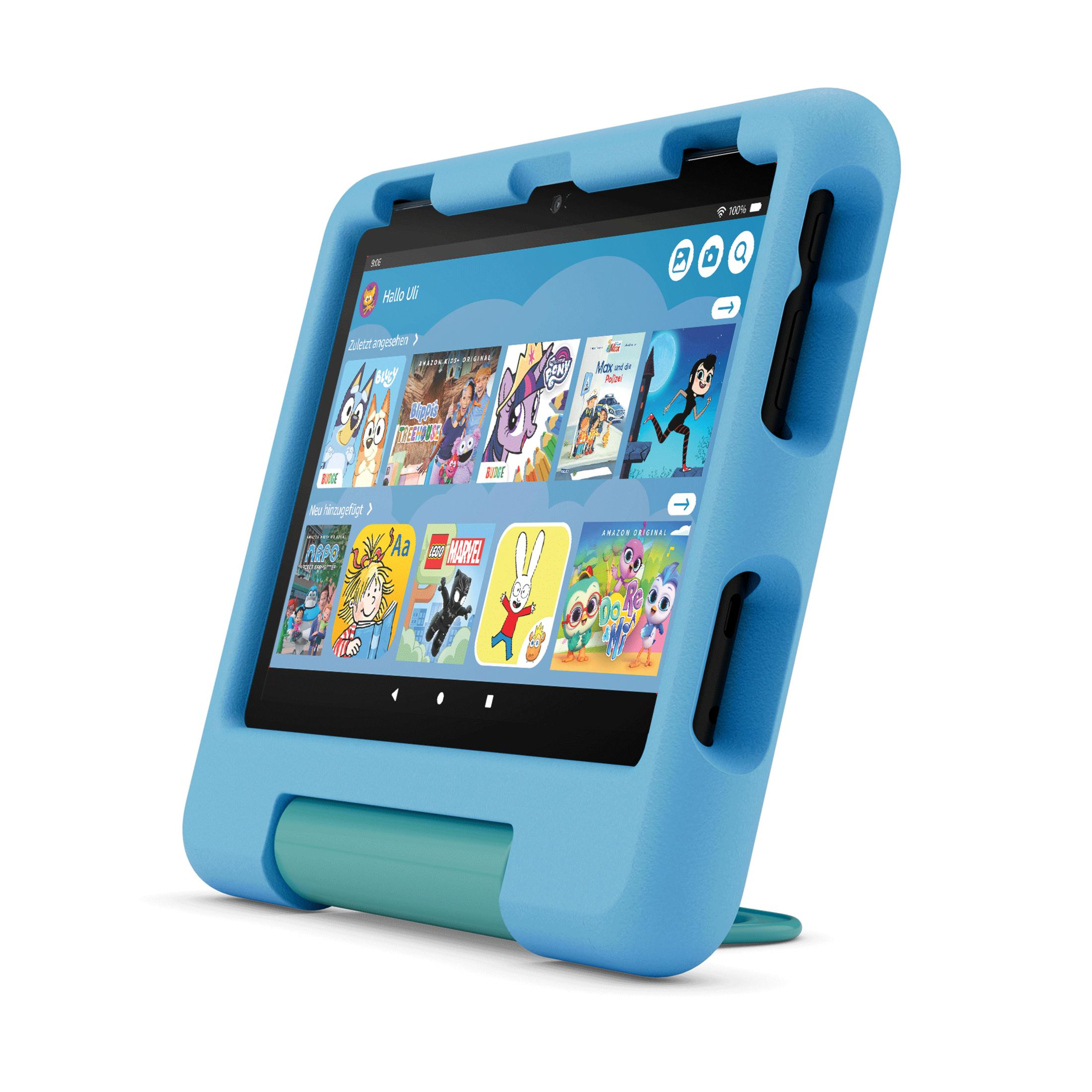 Vista angolata di un tablet blu con app per bambini in una custodia protettiva blu.