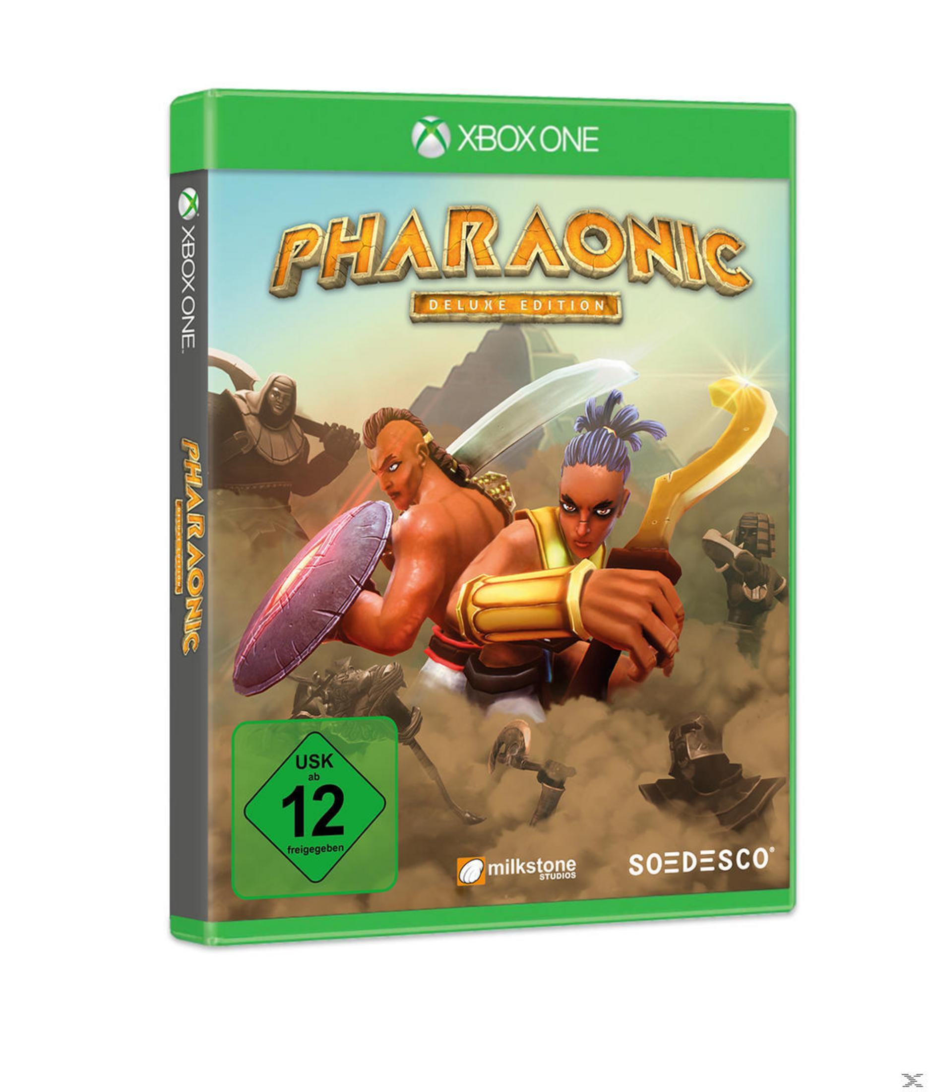 Pharaonic Deluxe Edition Xbox One-Spielcover mit ägyptischen Charakteren und Pyramiden.