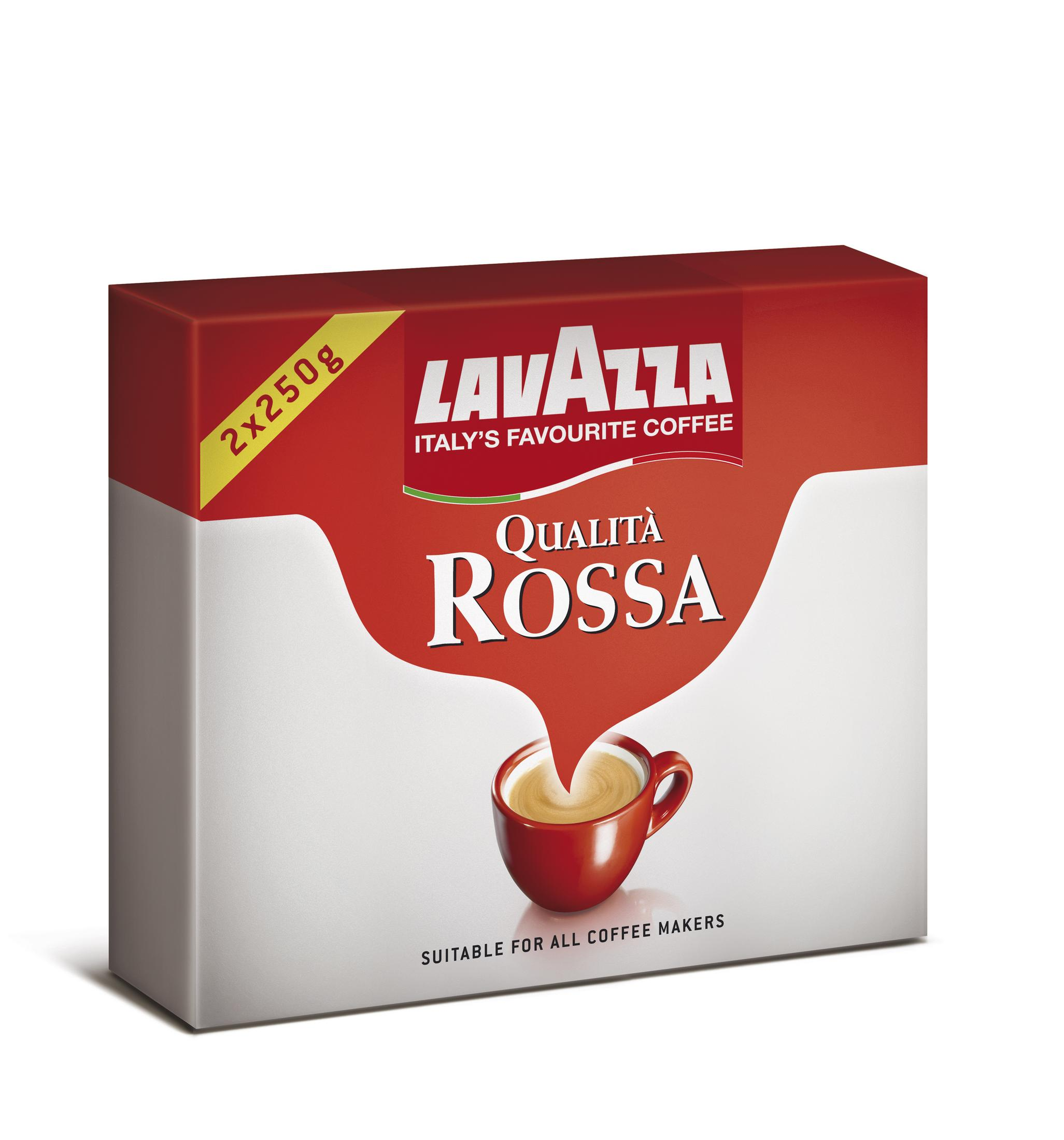 Scatola di caffè Lavazza Qualita Rossa, design rosso e bianco, con illustrazione tazza.
