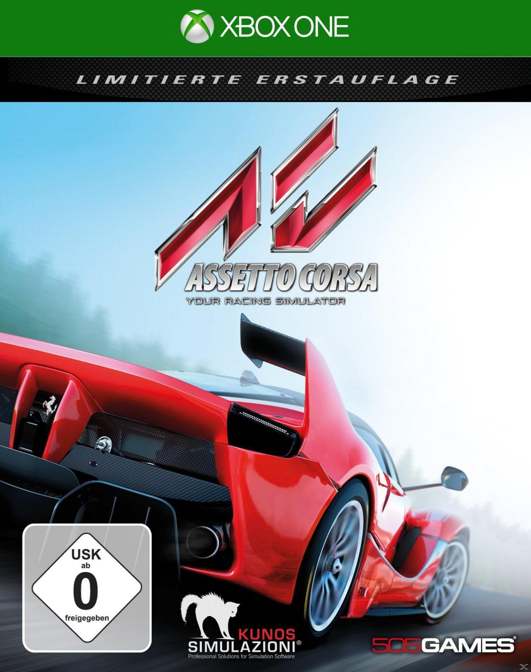 Assetto Corsa-Spielbox für Xbox One, stehend auf einem weißen Hintergrund.