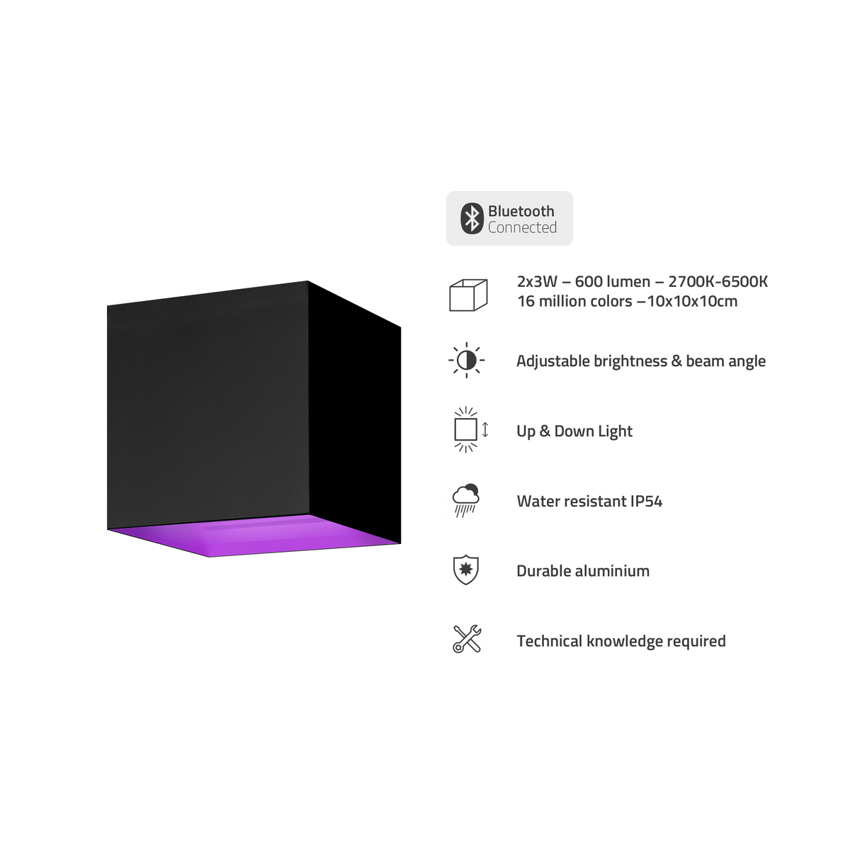 Une applique murale noire en forme de cube. Le bas émet une lumière violette. Des détails sont présentés sur le côté droit.