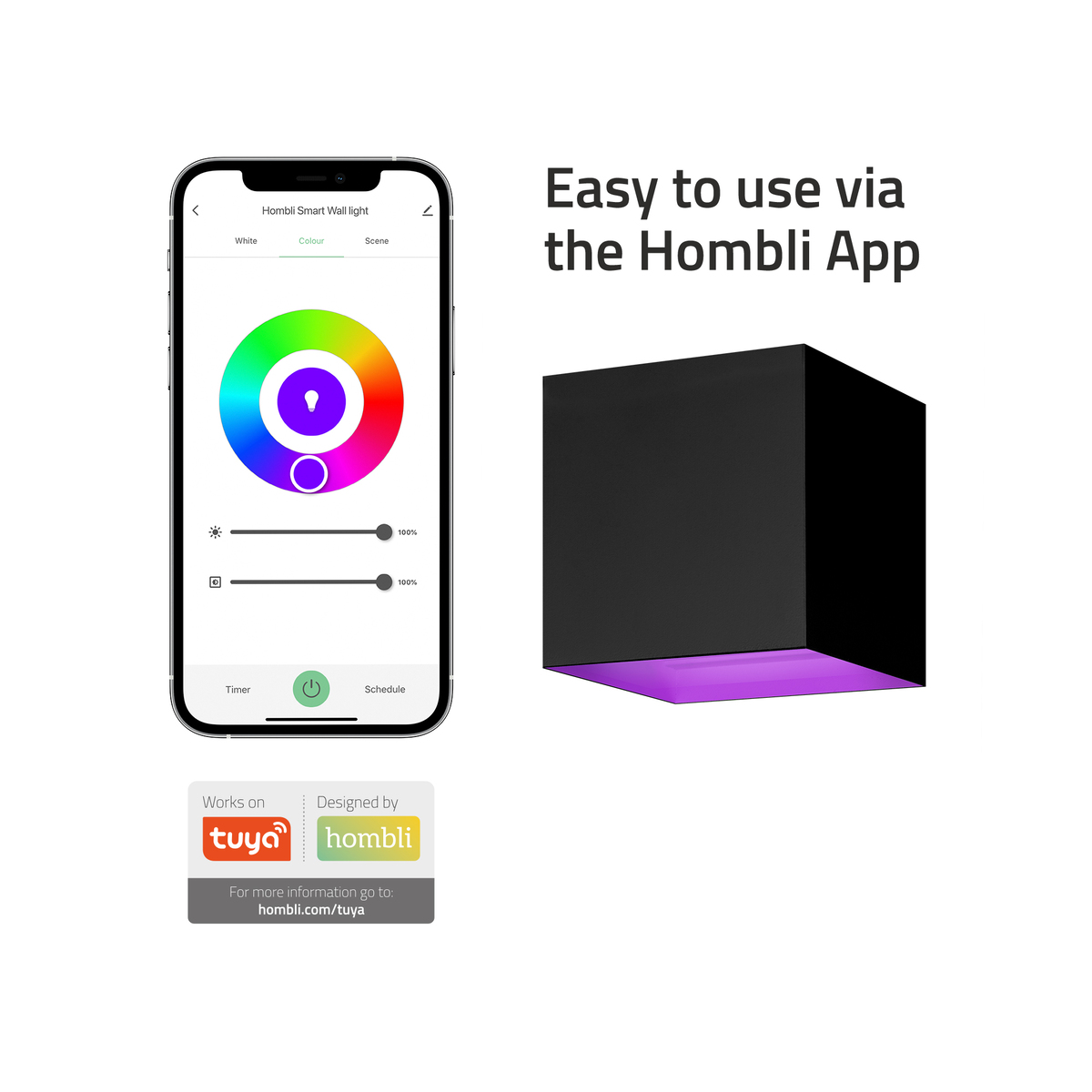 Une applique murale avec un téléphone affichant une interface d'application. La lumière est un cube noir émettant une lumière violette par le bas.