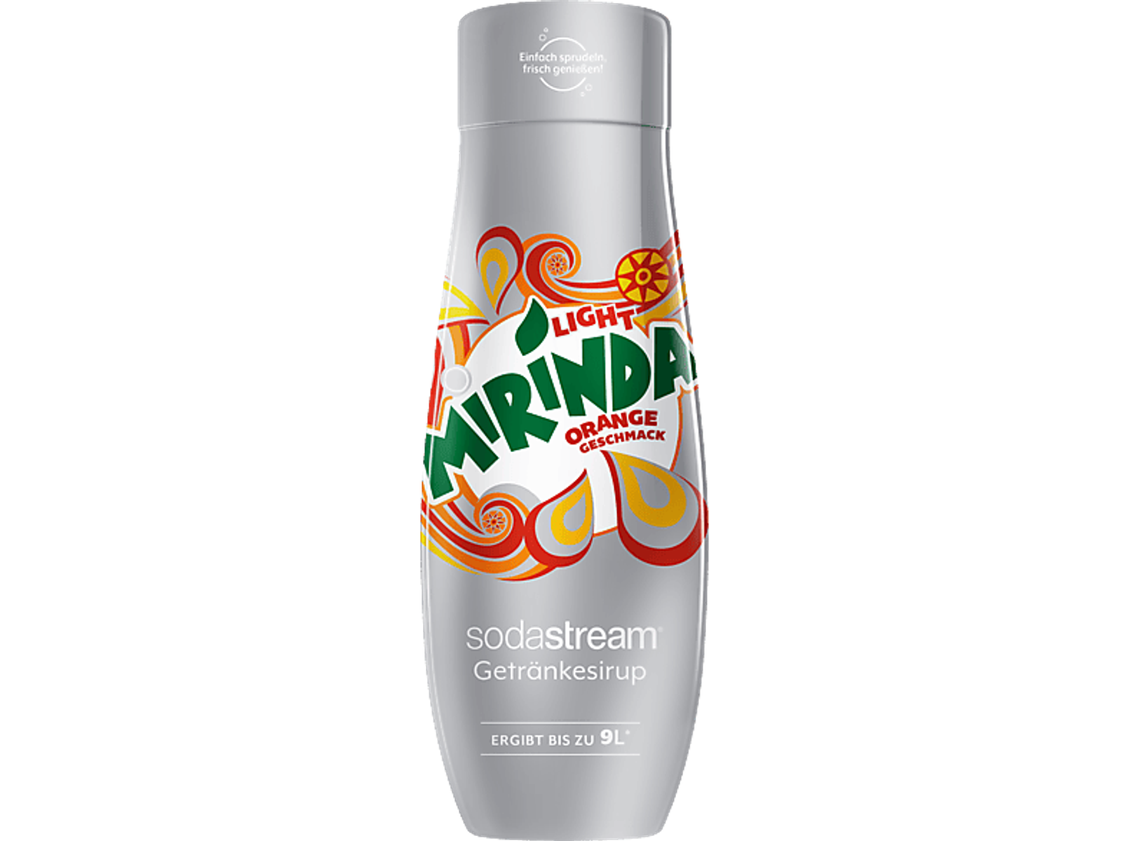 Una bottiglia argentata di sciroppo per soda Mirinda Light Orange con grafica colorata su sfondo nero.
