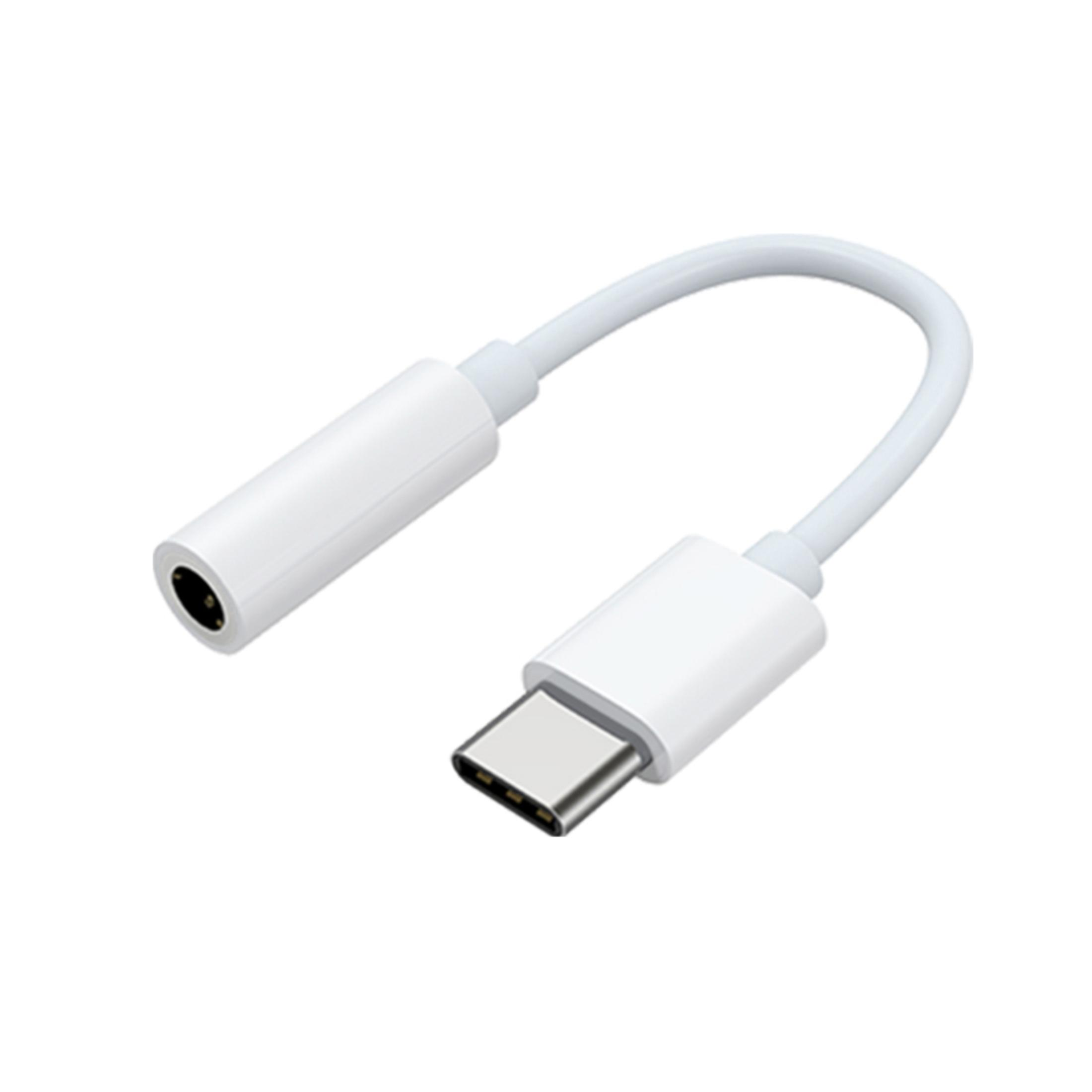 Een witte USB-C naar 3,5 mm audio-adapter op een witte achtergrond.