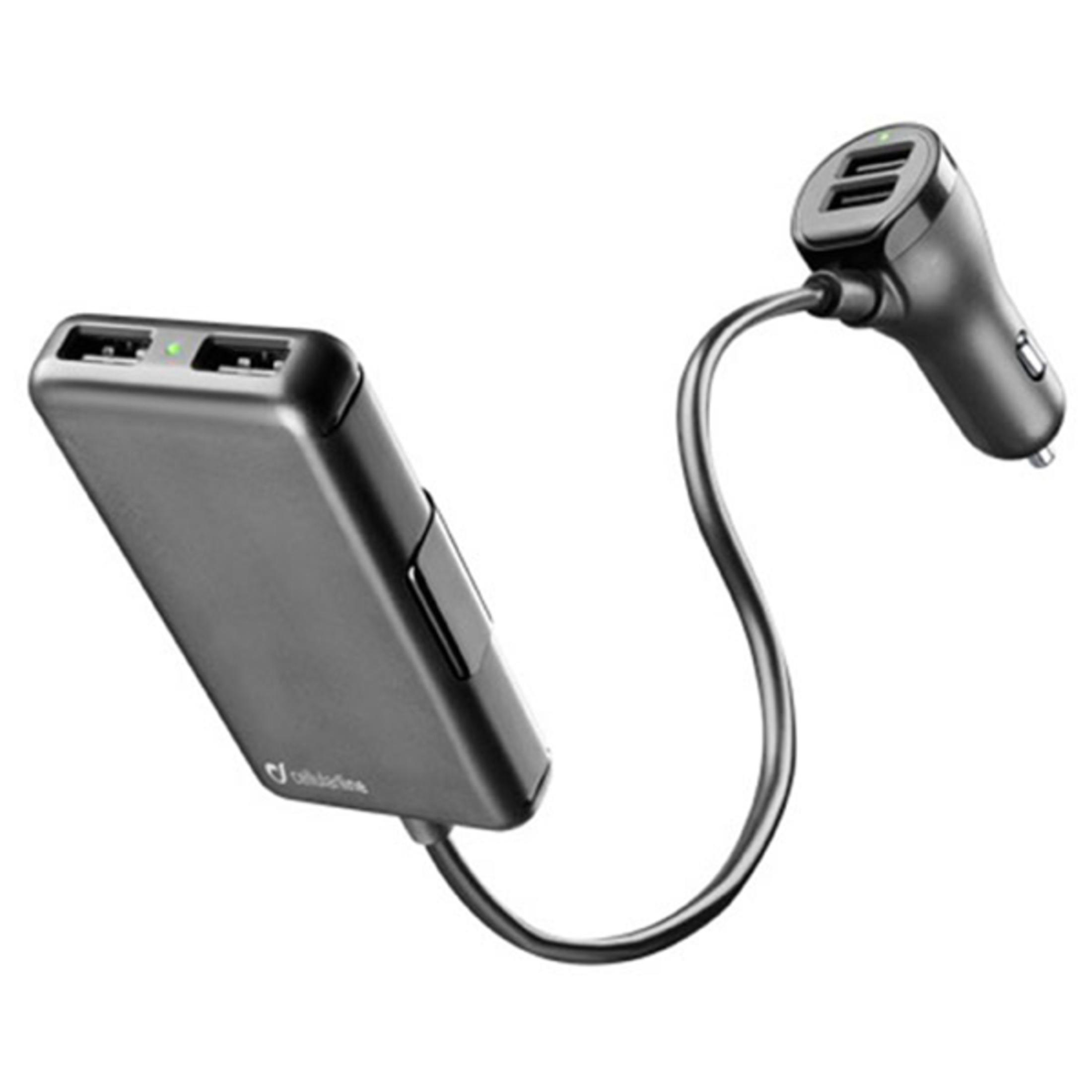 Ein schwarzes USB-Autoladegerät mit zwei USB-Anschlüssen und einem separaten Ladeende.