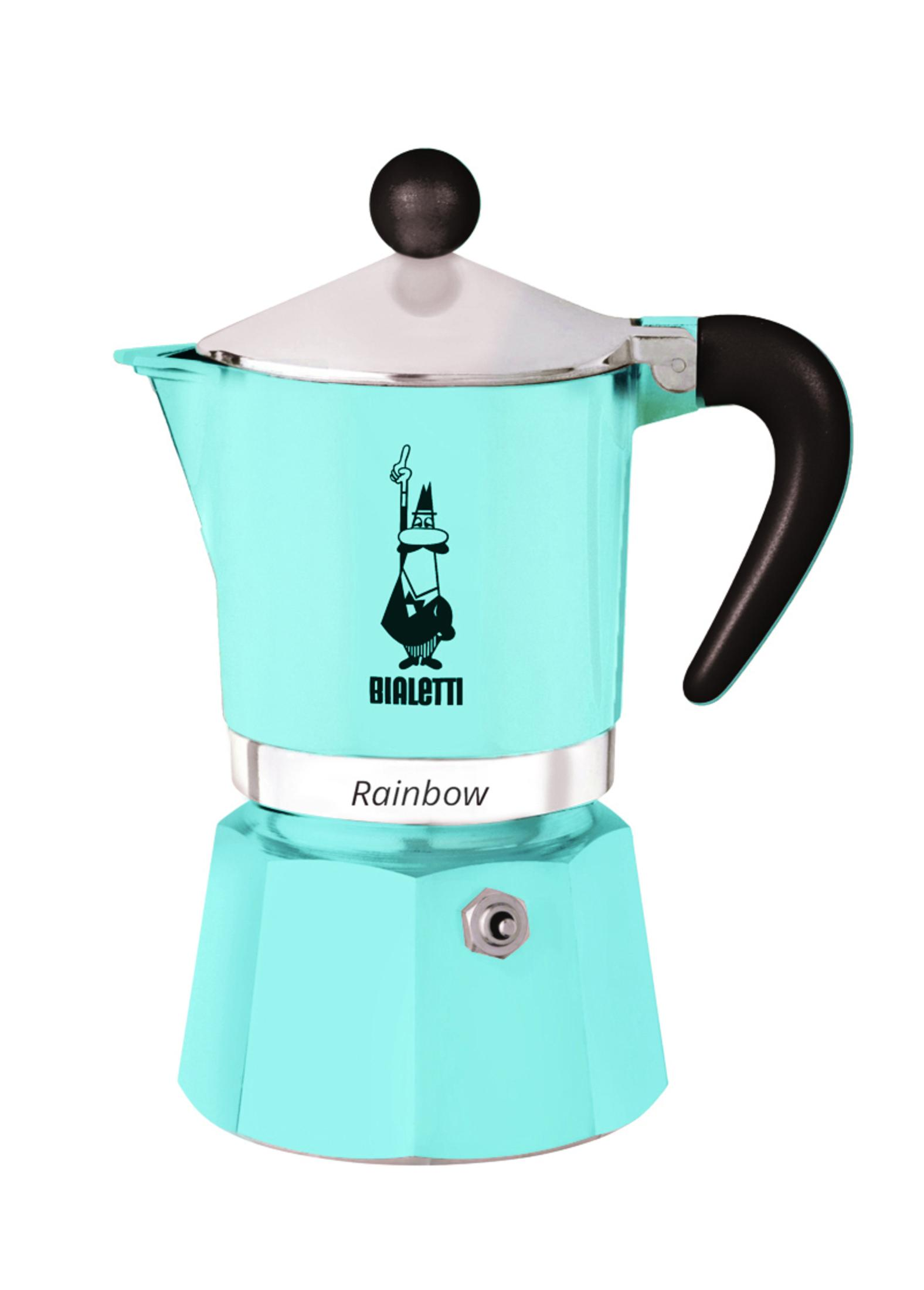 Una caffettiera per espresso azzurra con manico e pomello neri su sfondo bianco. Marchio Rainbow.