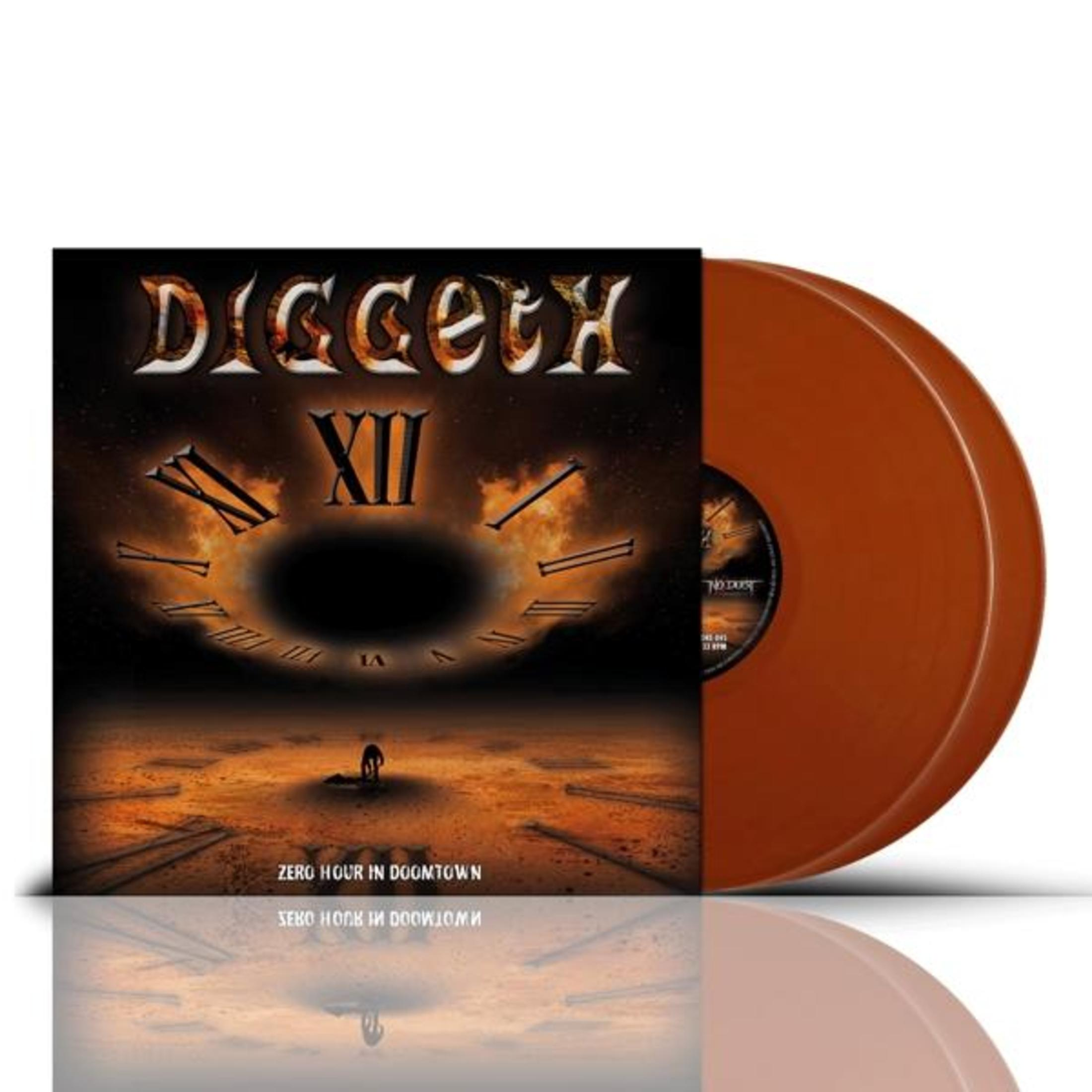 Oranje vinylplaat naast albumhoes met een troosteloos landschap met een wijzerplaat en een gravende figuur.
