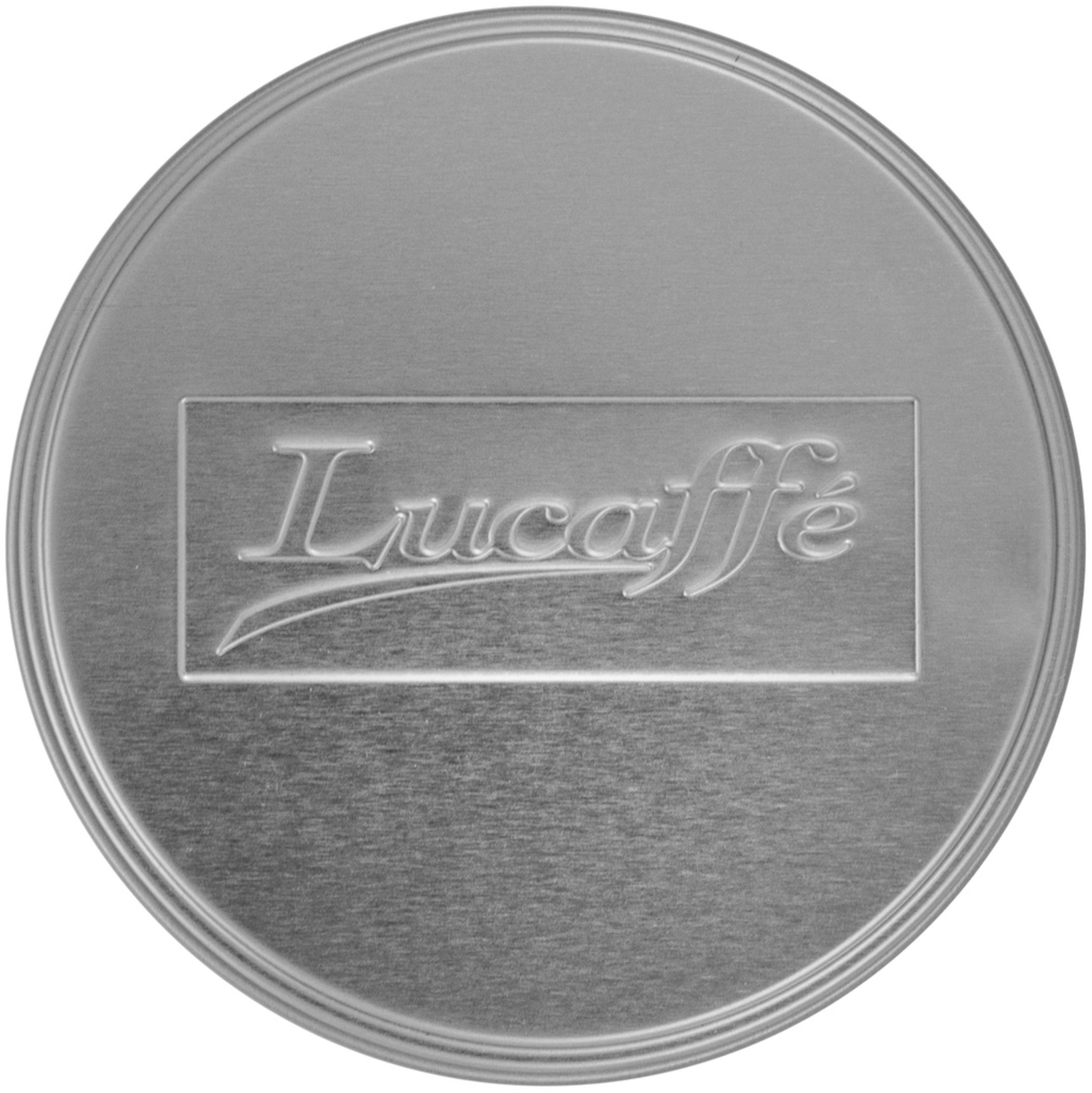 Un coperchio argentato di una lattina di caffè con il logo 'Lucaffe' in rilievo.